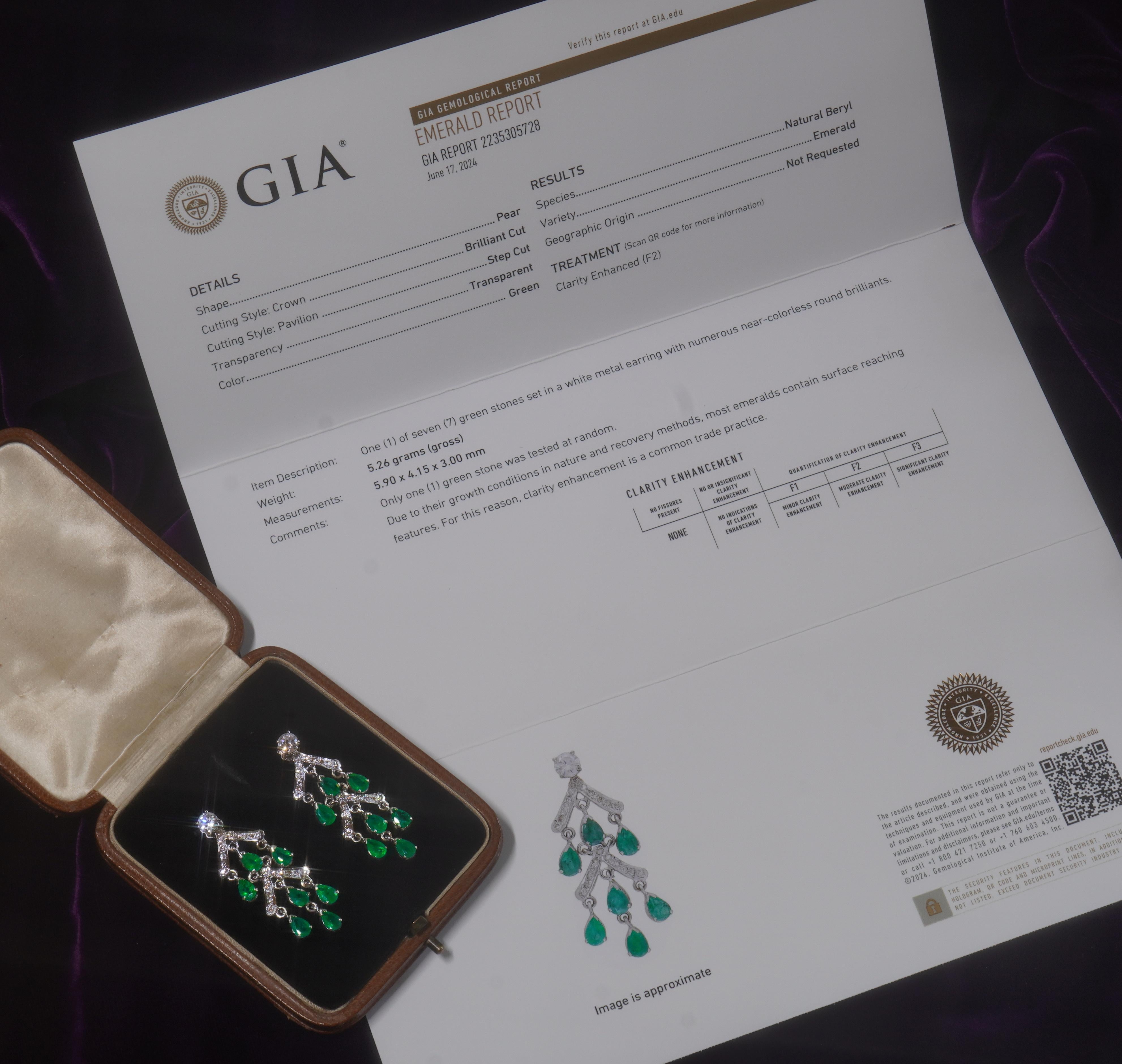 Pear Cut GIA Emerald Diamond Vintage Earrings 18K Certified Natural Huge Fine 6.82 Carats For Sale