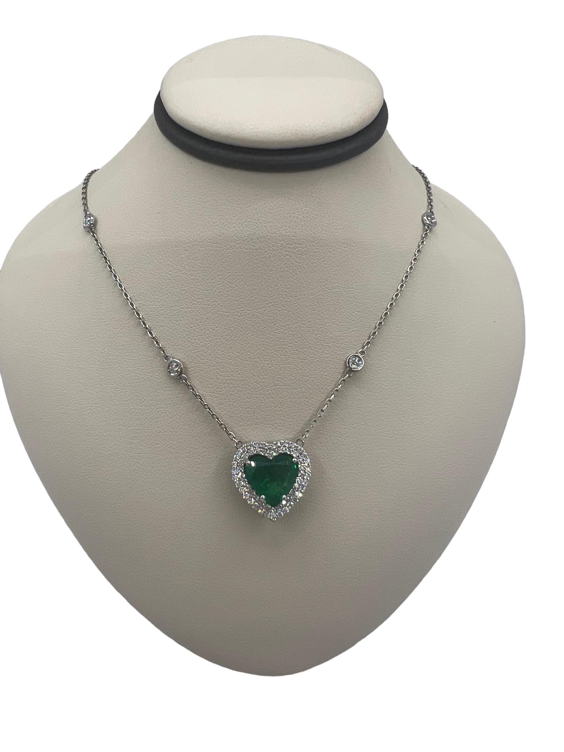 GIA Emerald Heart with Diamond Halo on Diamonds by the Yard White Gold Necklace In New Condition For Sale In Boca Raton, FL