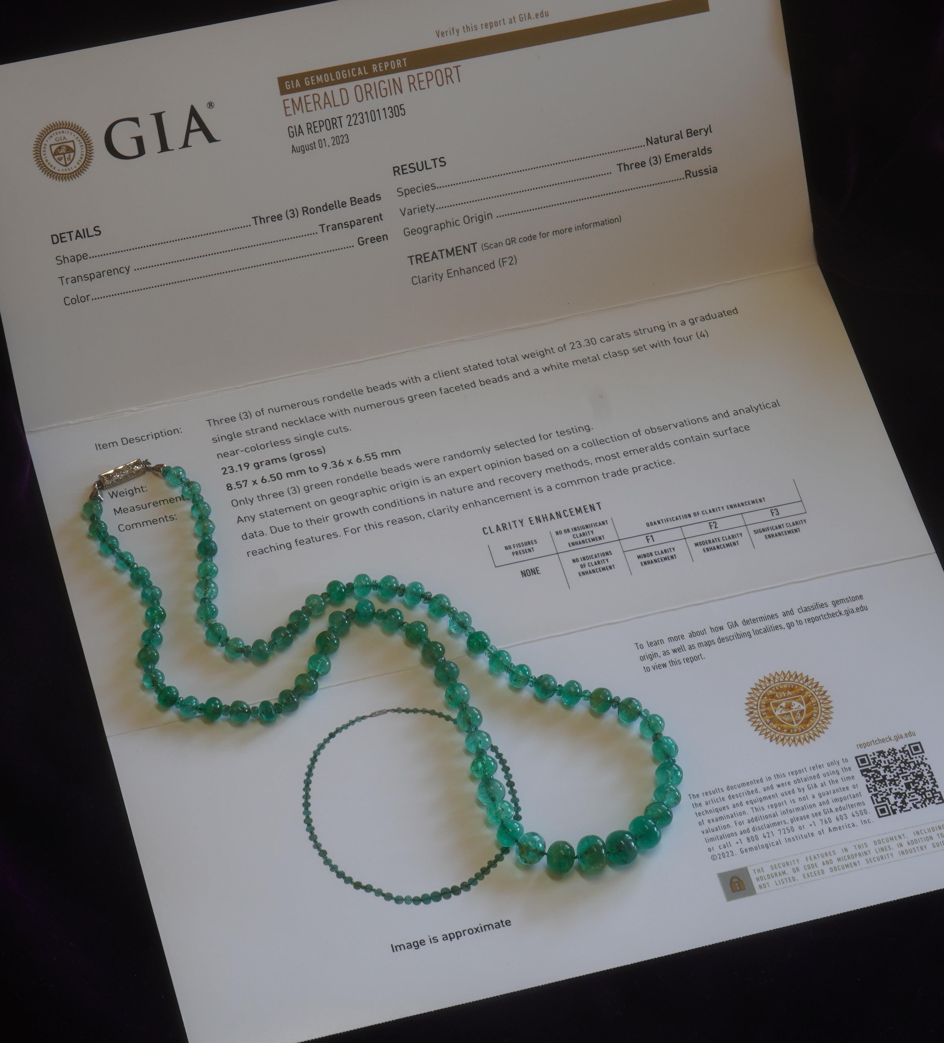 Old South Jewels proudly presents.... LUXURY.   GIA Certified RARE PLATINUM 105.65 CARATS EMERALD DIAMOND NECKLACE AND BOX!   Vintage Natural 1800s Russian Emeralds....Stunning!  

GORGEOUS 19 INCHES LONG EMERALD NECKLACE.  Very Classy...This Will