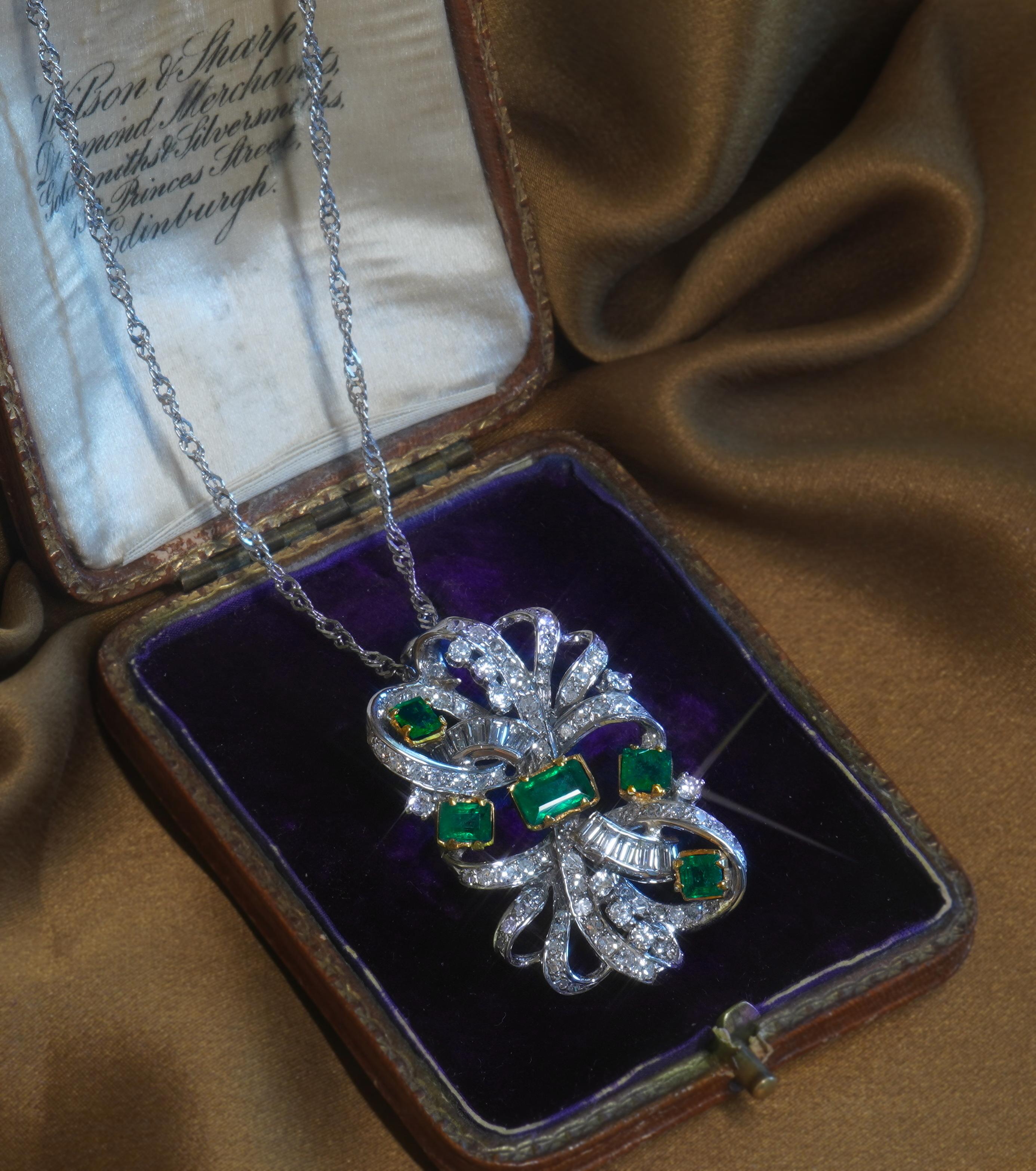 GIA Emerald Platinum 18K Pendant Diamond Certified Victorian Huge AAA 5.26 Cts For Sale 1