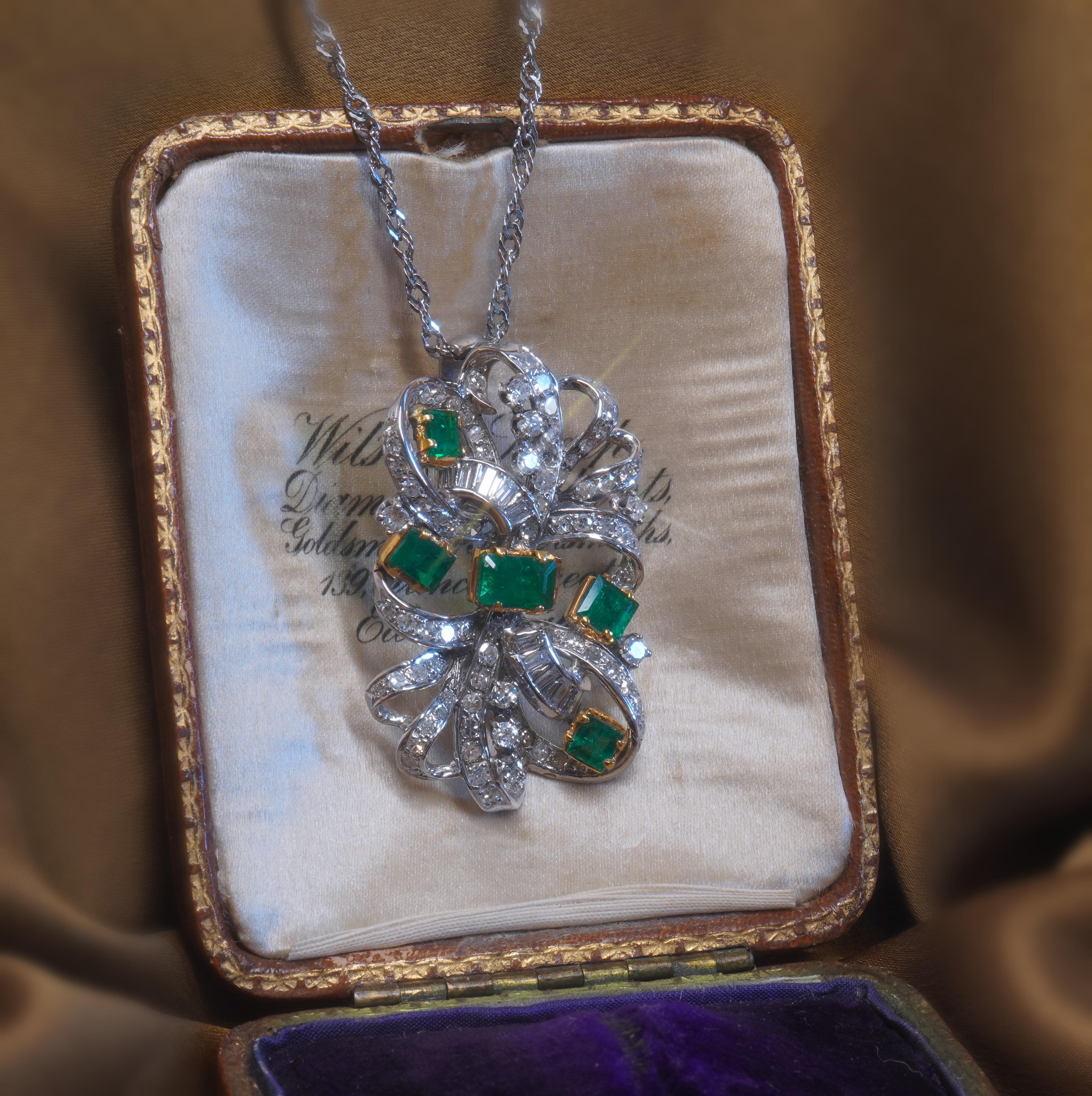 GIA Emerald Platinum 18K Pendant Diamond Certified Victorian Huge AAA 5.26 Cts For Sale 2