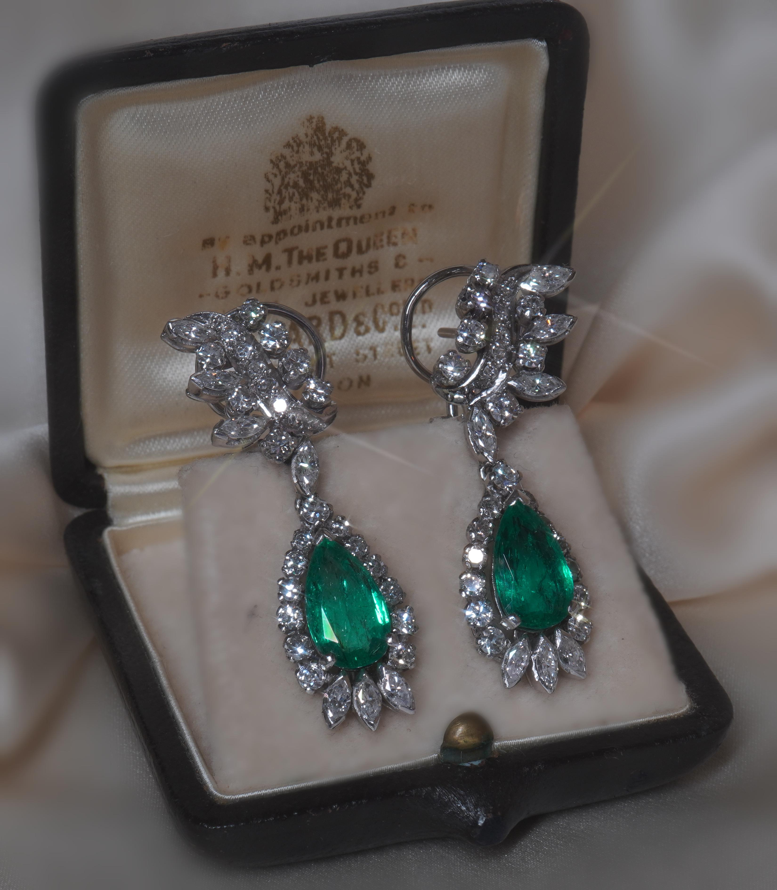 GIA Emerald Platinum Diamond Earrings Colombian Vintage 18K Fine AAA 7.86 Cts! For Sale