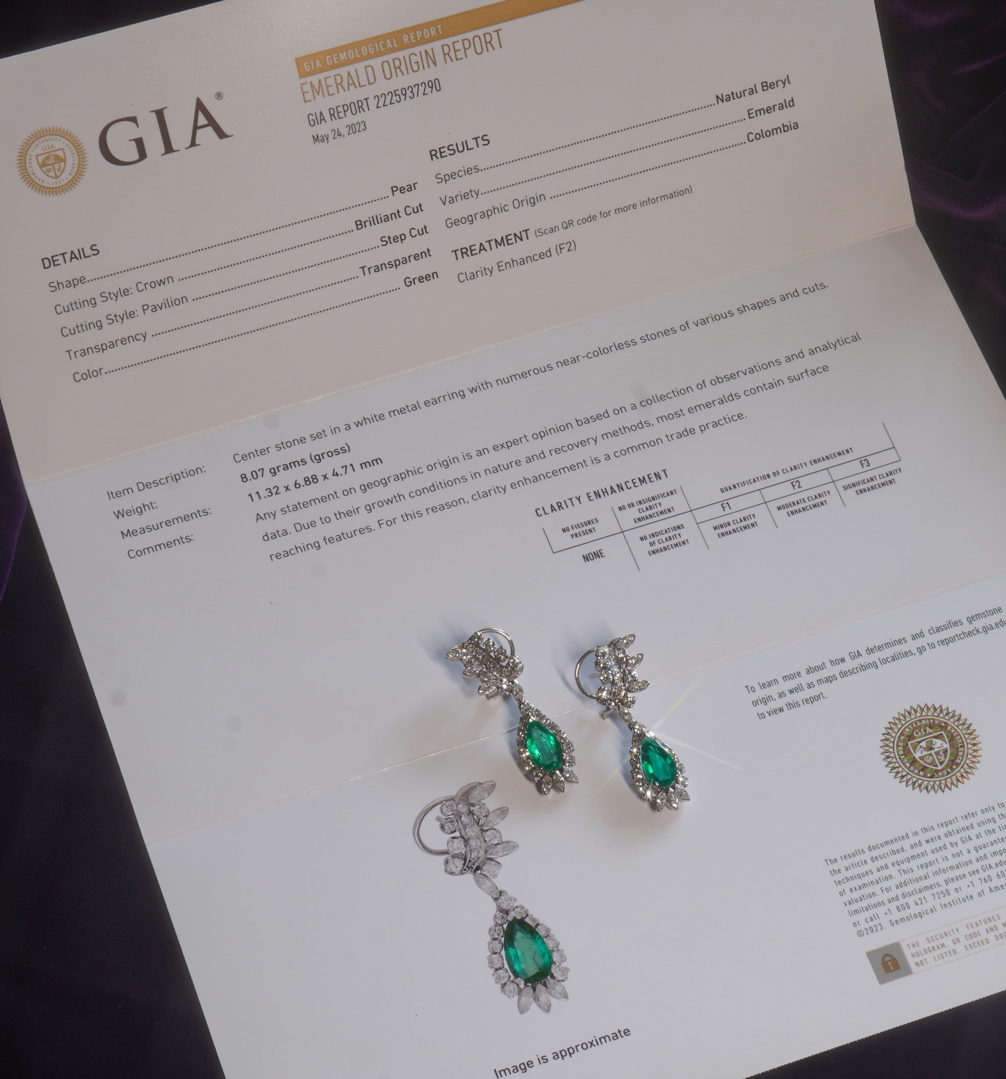 Taille poire GIA Emerald Platinum Diamond Earrings Colombian Vintage 18K Fine AAA 7.86 Cts ! en vente