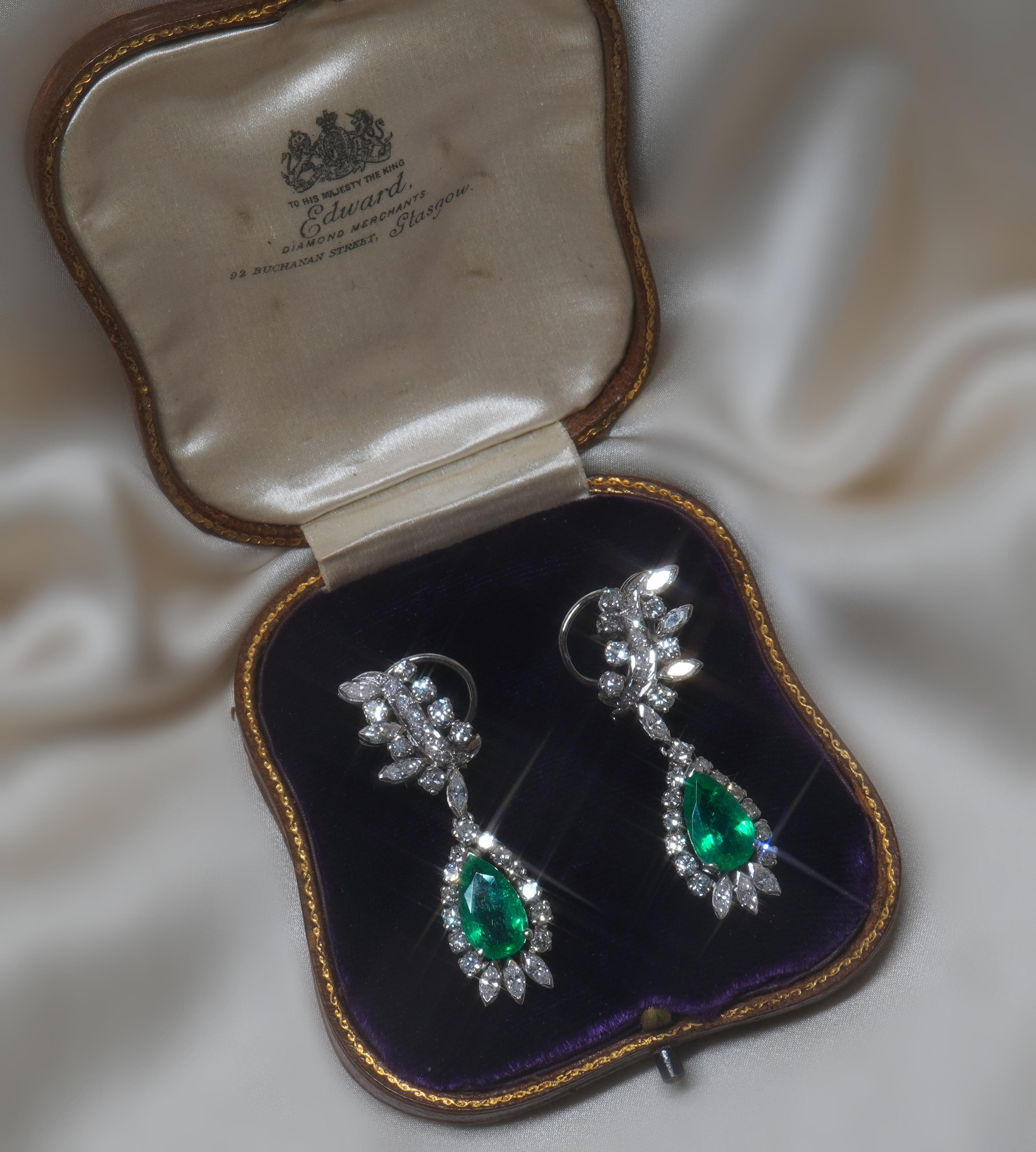 GIA Emerald Platinum Diamond Earrings Colombian Vintage 18K Fine AAA 7.86 Cts! For Sale 1