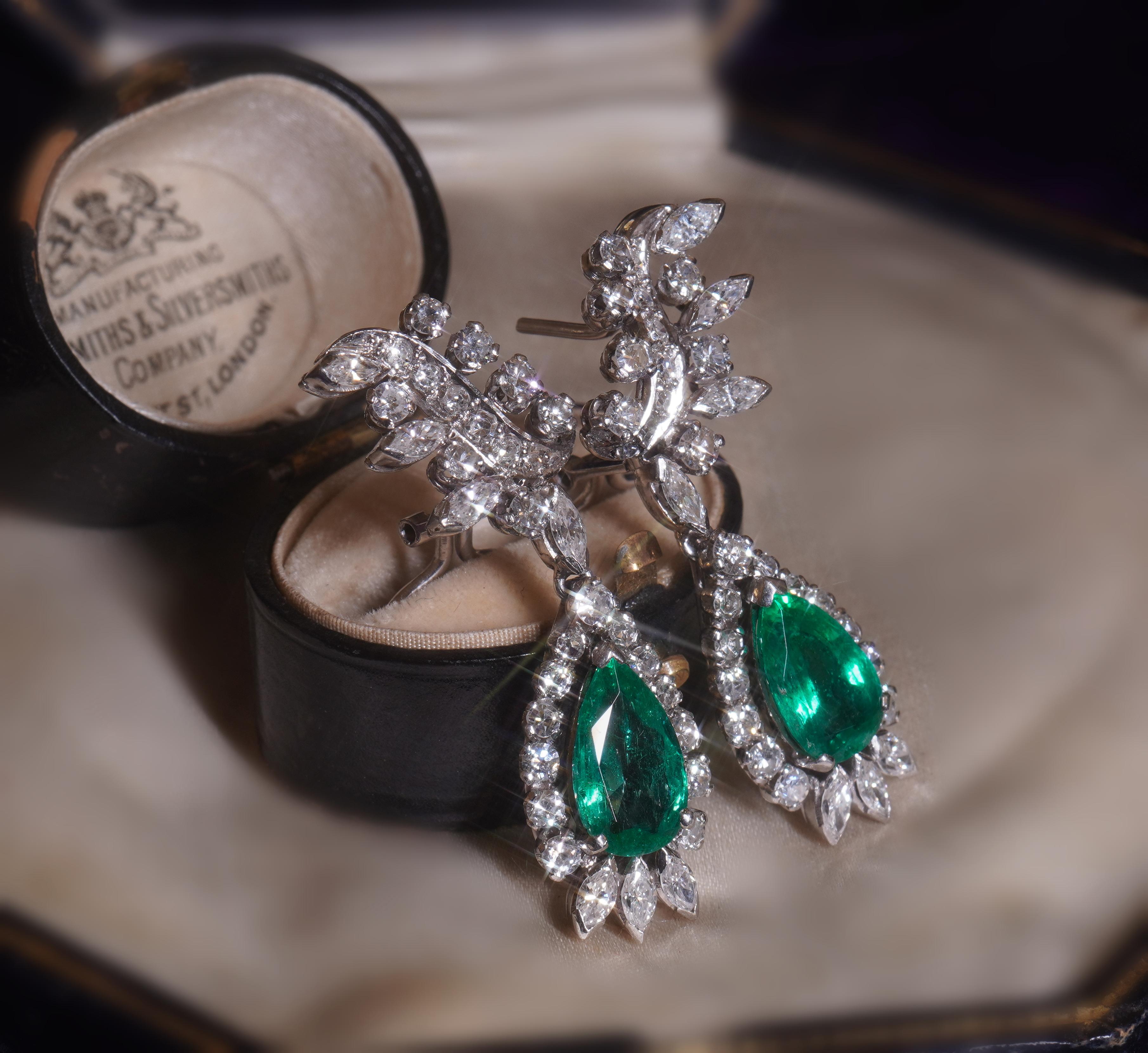 GIA Emerald Platinum Diamond Earrings Colombian Vintage 18K Fine AAA 7.86 Cts! For Sale 2