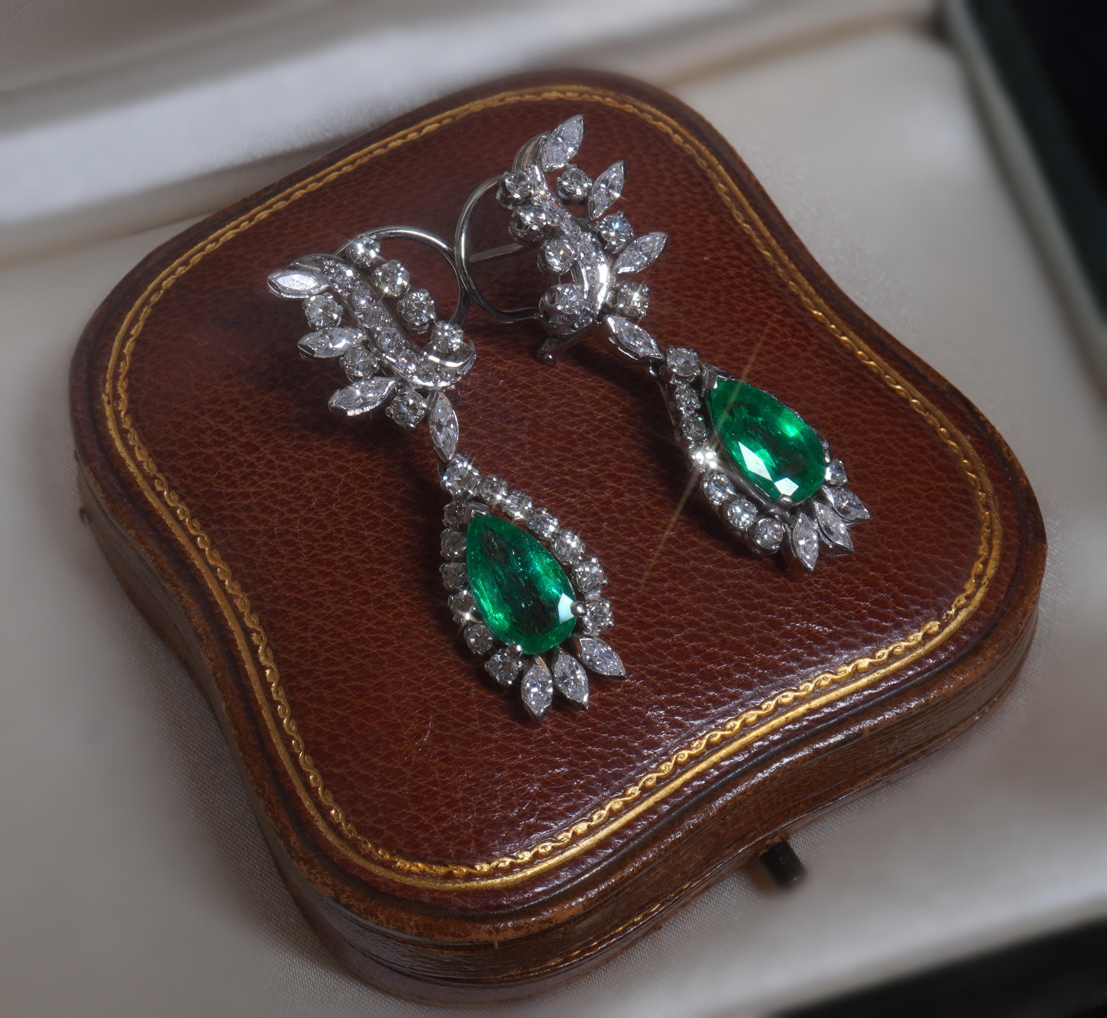 GIA Emerald Platinum Diamond Earrings Colombian Vintage 18K Fine AAA 7.86 Cts! For Sale 3