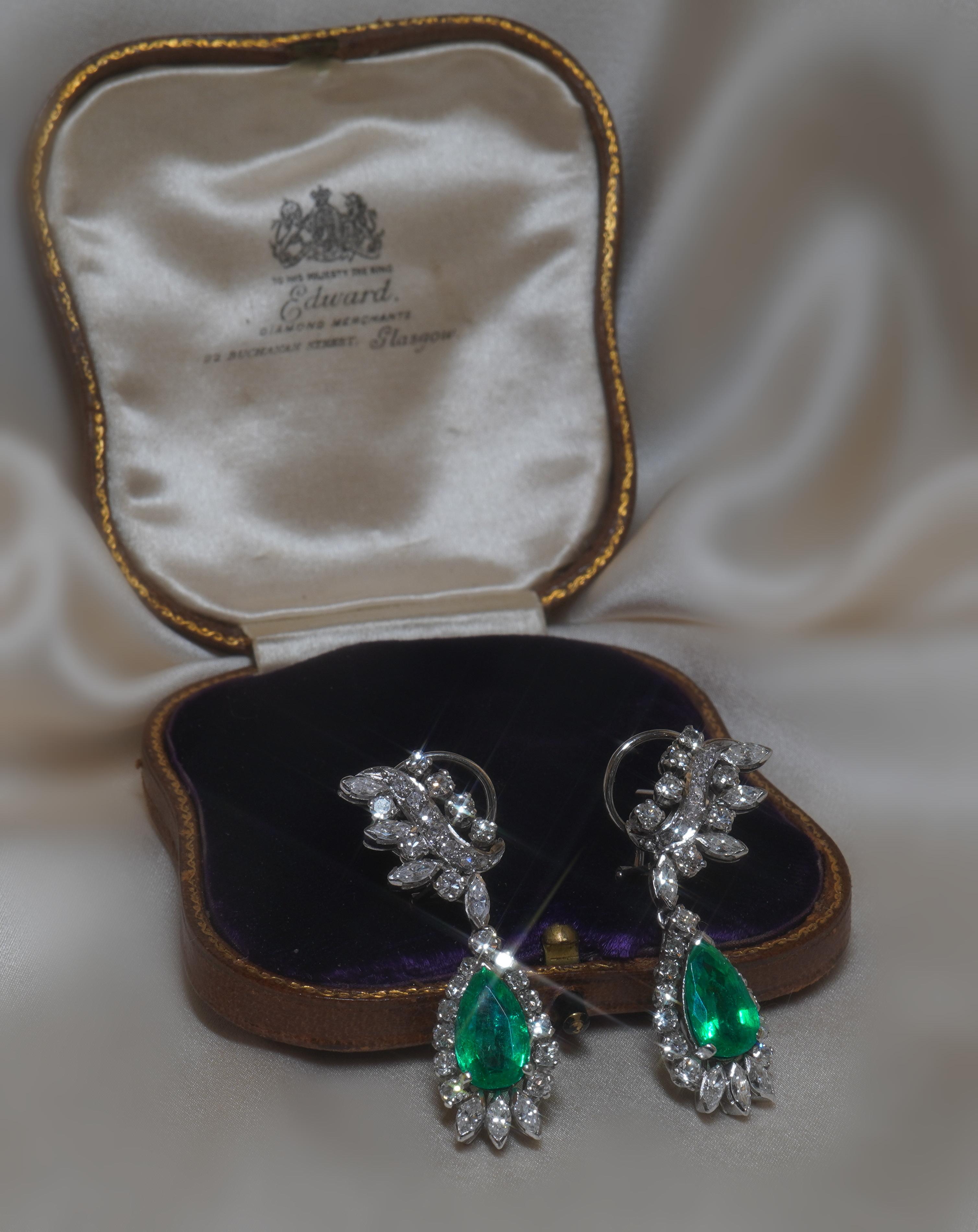 GIA Emerald Platinum Diamond Earrings Colombian Vintage 18K Fine AAA 7.86 Cts! For Sale 4