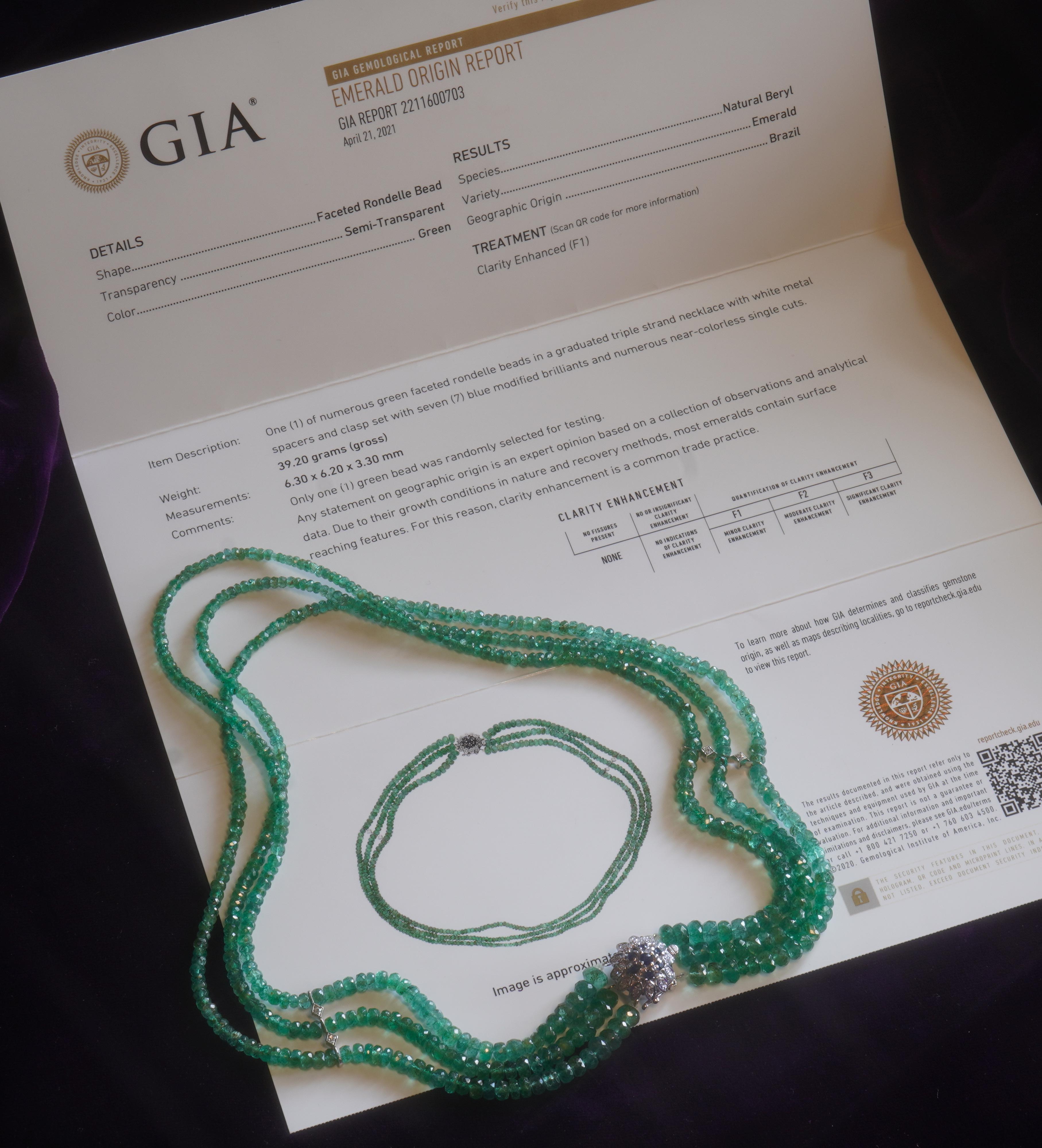 Old South Jewels proudly presents.... 
LUXURY.   GIA Certified RARE 145.86 CARATS EMERALD, SAPPHIRE, AND DIAMOND VINTAGE NECKLACE AND BOX!   Vintage Natural Certified Emeralds--Stunning!  

GORGEOUS 17.25 INCHES LONG TRIPLE STRAND EMERALD NECKLACE. 