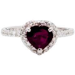 GIA Estate Burma Heart Shape Ruby and White Diamond Ring in 18 Karat White Gold