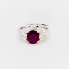 GIA Estate Burma Ruby Oval and White Diamond 3 Stone Ring in Platinum