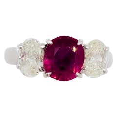 GIA Estate Burma Ruby Oval and White Diamond 3 Stone Ring in Platinum