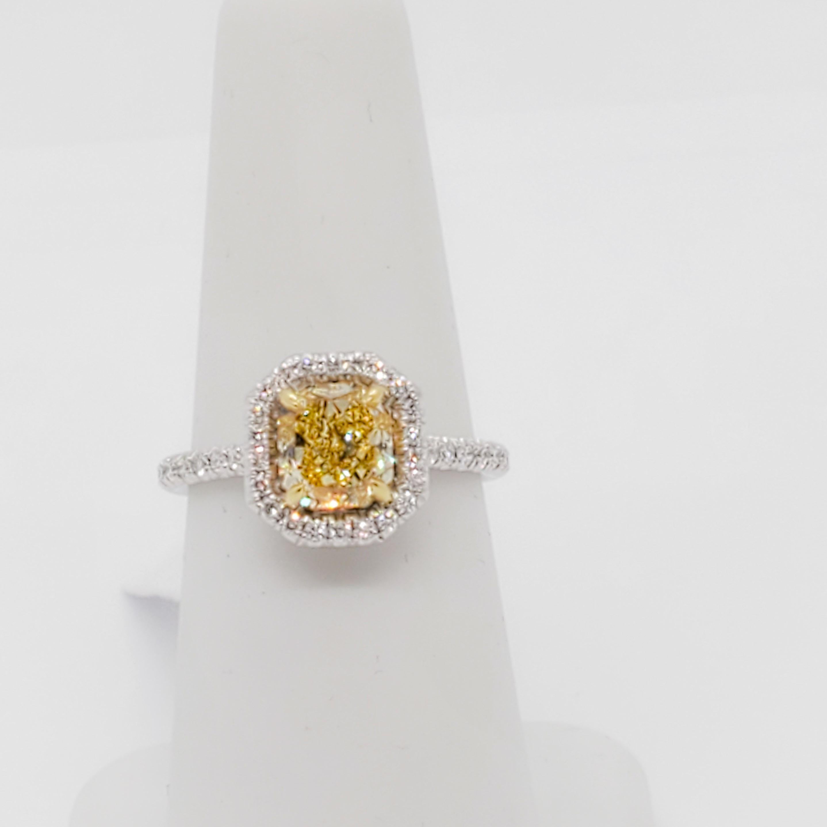 Radiant Cut GIA Estate Fancy Intense Yellow Diamond Radiant and White Diamond Ring