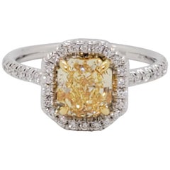 GIA Estate Fancy Intense Yellow Diamond Radiant and White Diamond Ring