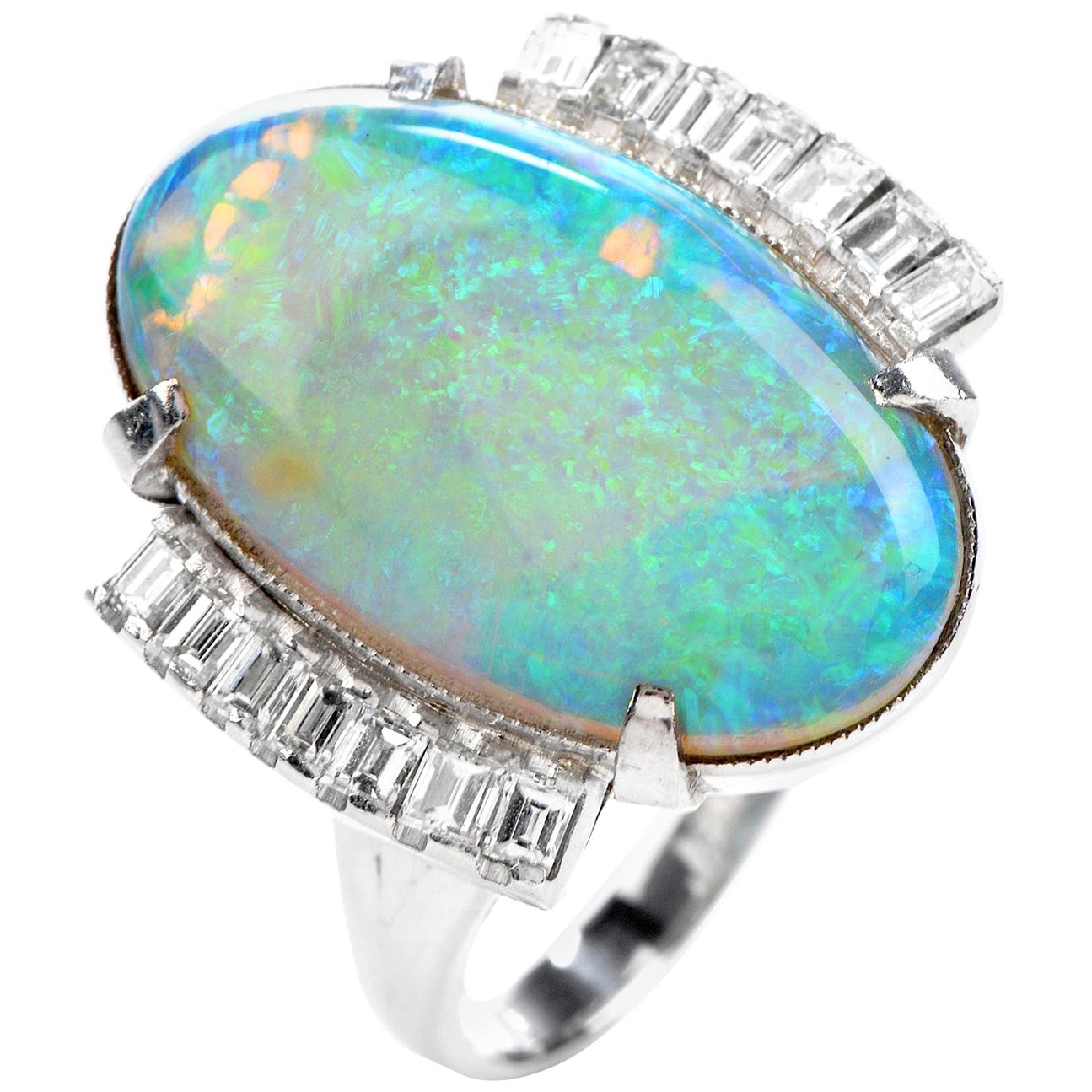GIA Estate Opal Diamond Platinum Cocktail Ring