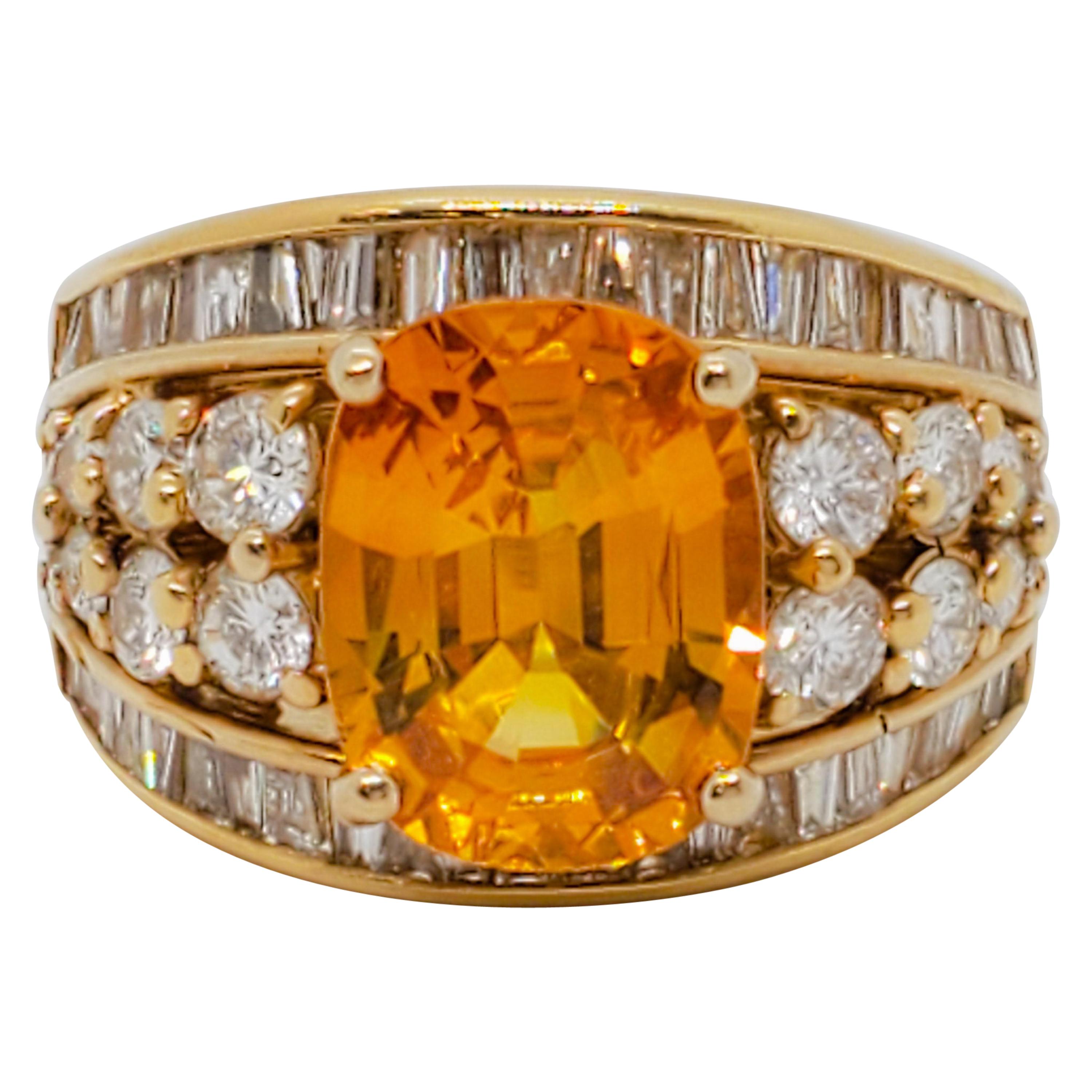 Cushion Cut Yellow Sri Lankan Sapphire and Diamond 3Band Ring For Sale