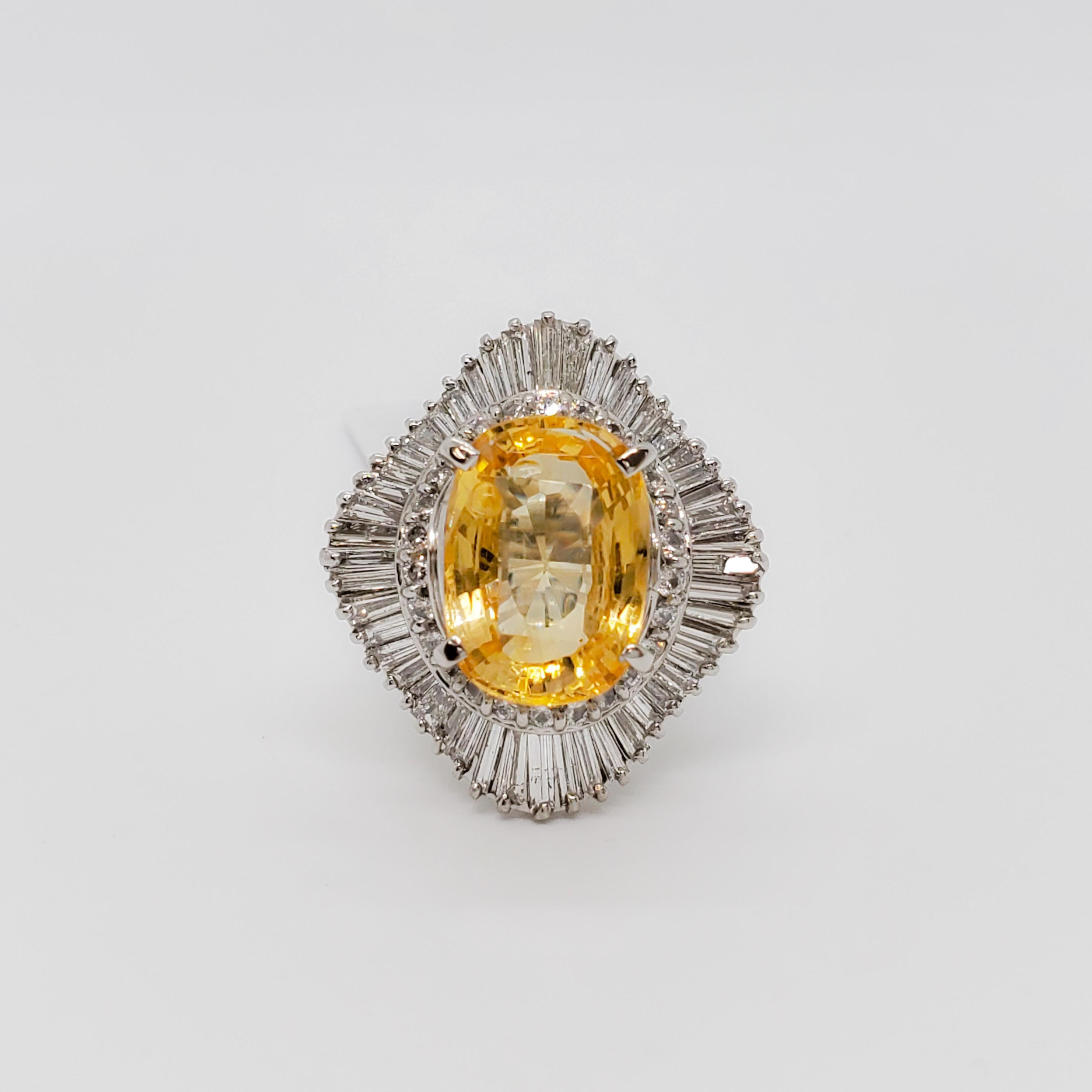 Cushion Cut GIA Estate Yellow Sapphire Cushion and White Diamond Cocktail Ring in Platinum For Sale