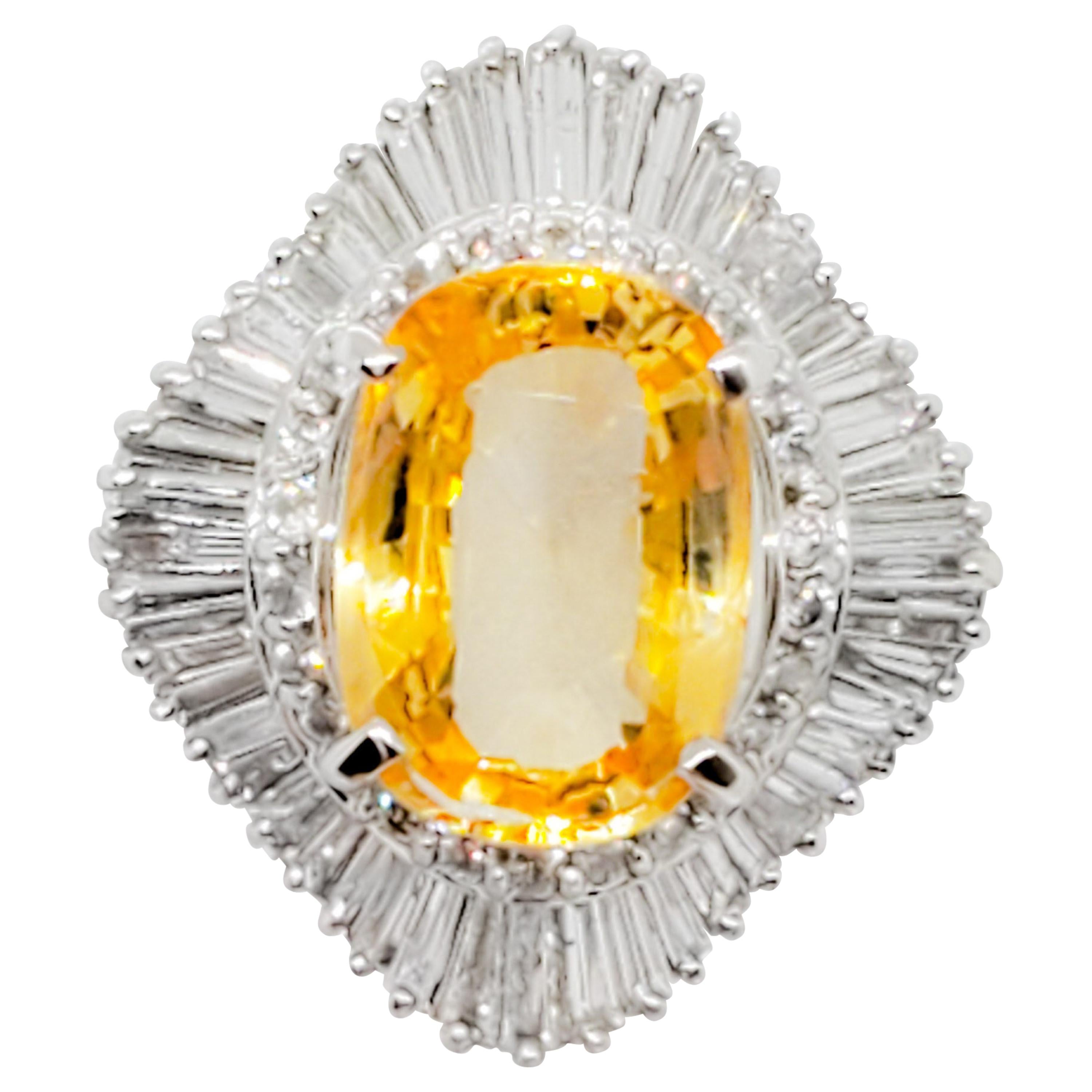 GIA Estate Yellow Sapphire Cushion and White Diamond Cocktail Ring in Platinum For Sale