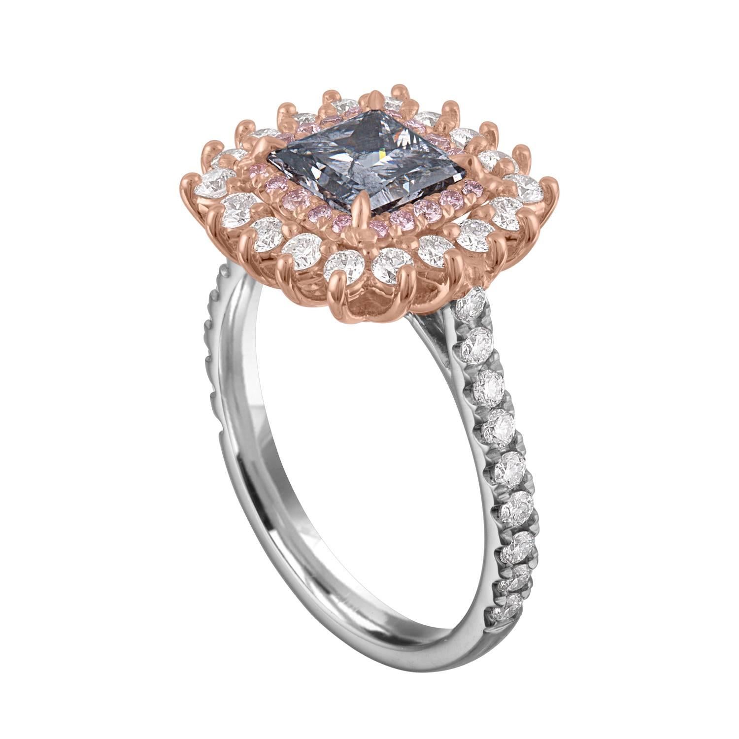 Women's GIA Fancy Blue Gray Certified 1.23 Carat Princess Cut Diamond Ring For Sale