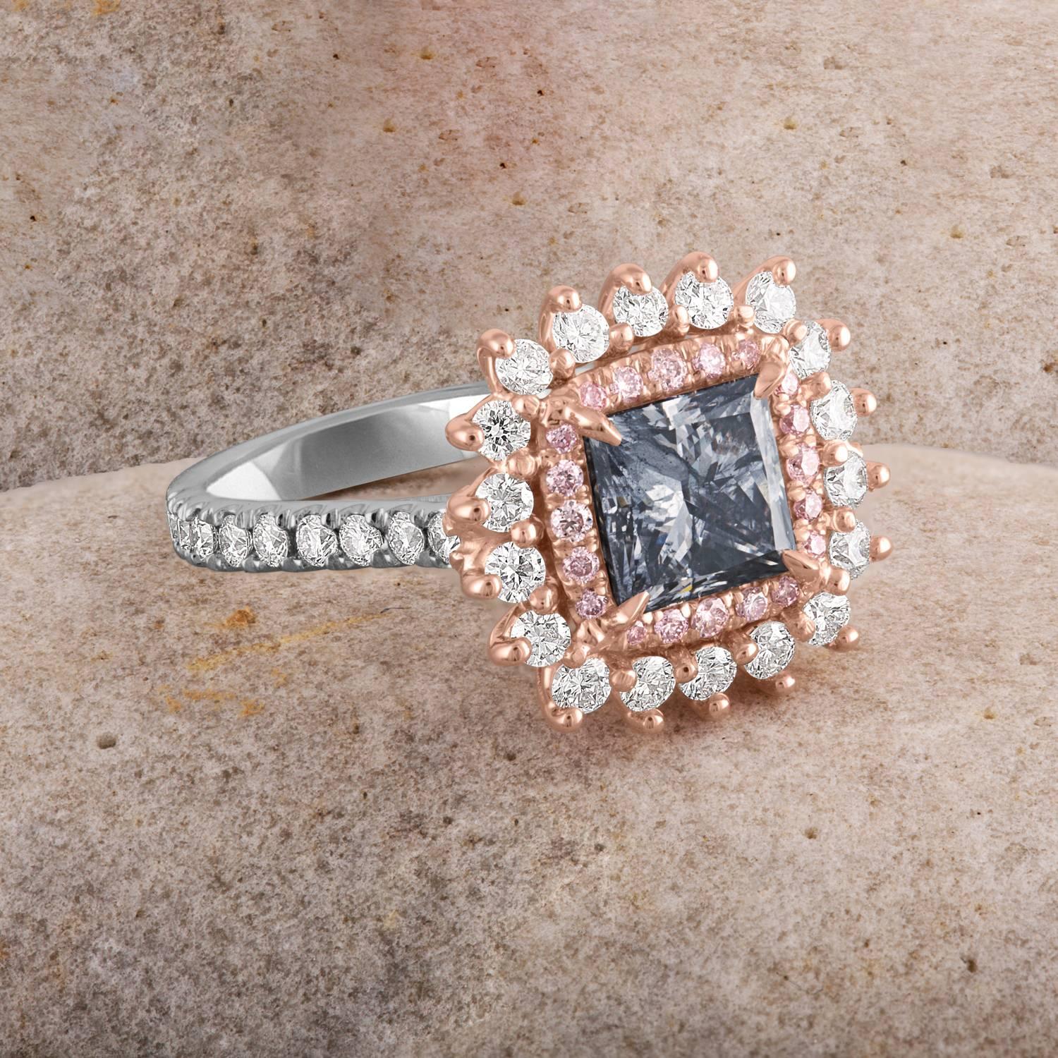 GIA Fancy Blue Gray Certified 1.23 Carat Princess Cut Diamond Ring For Sale 2