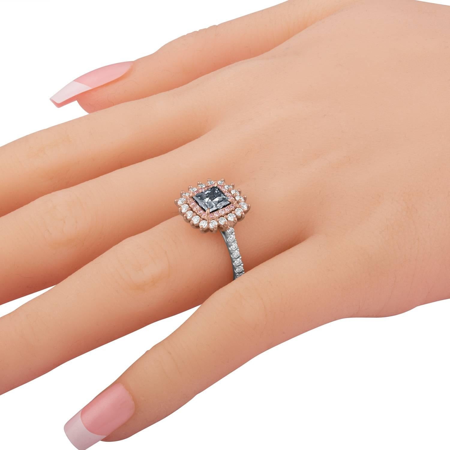 GIA Fancy Blue Gray Certified 1.23 Carat Princess Cut Diamond Ring For Sale 3