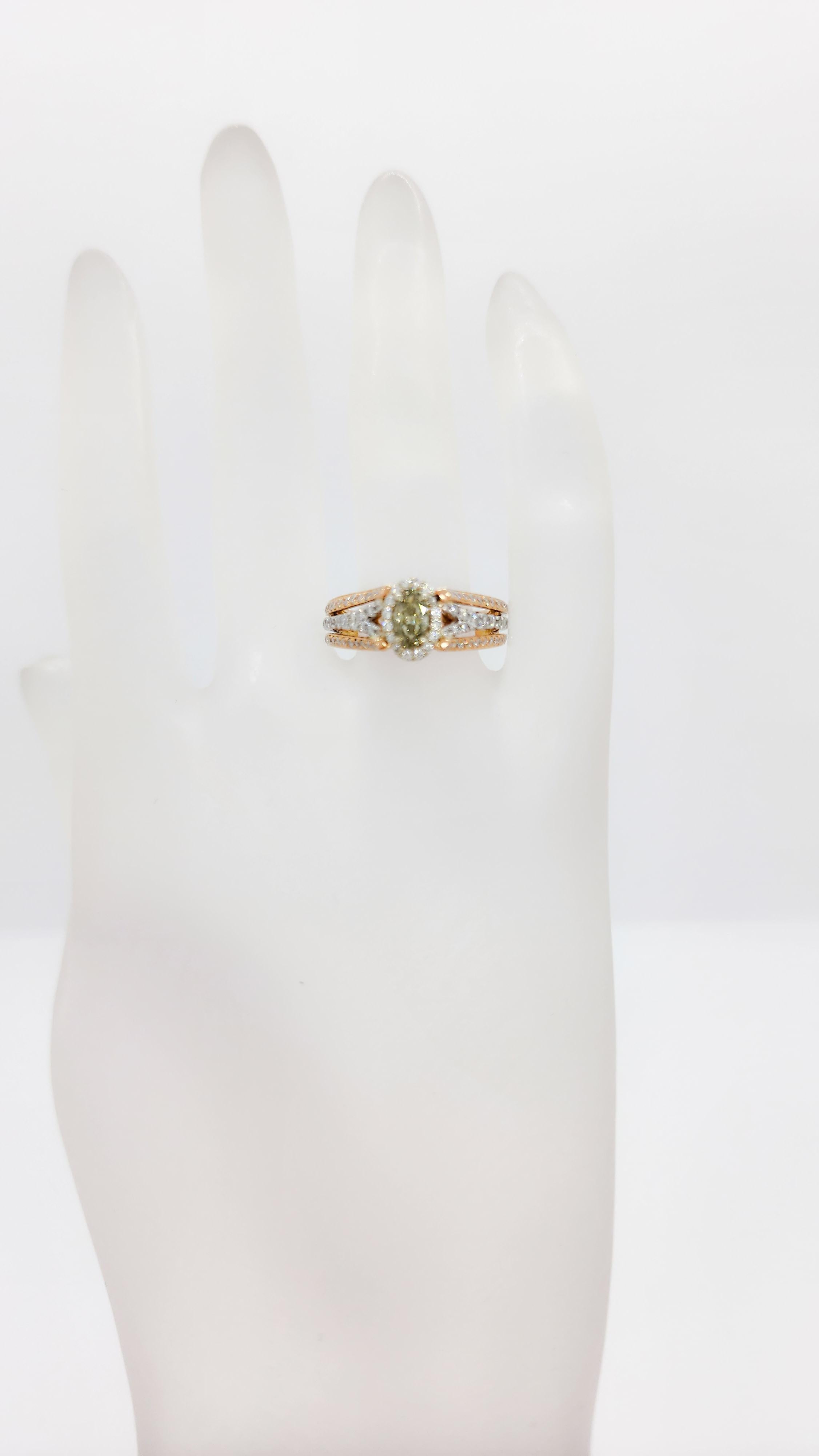 Women's or Men's GIA Fancy Brownish Greenish Yellow Diamond Ring in 14K 2 Tone Gold For Sale