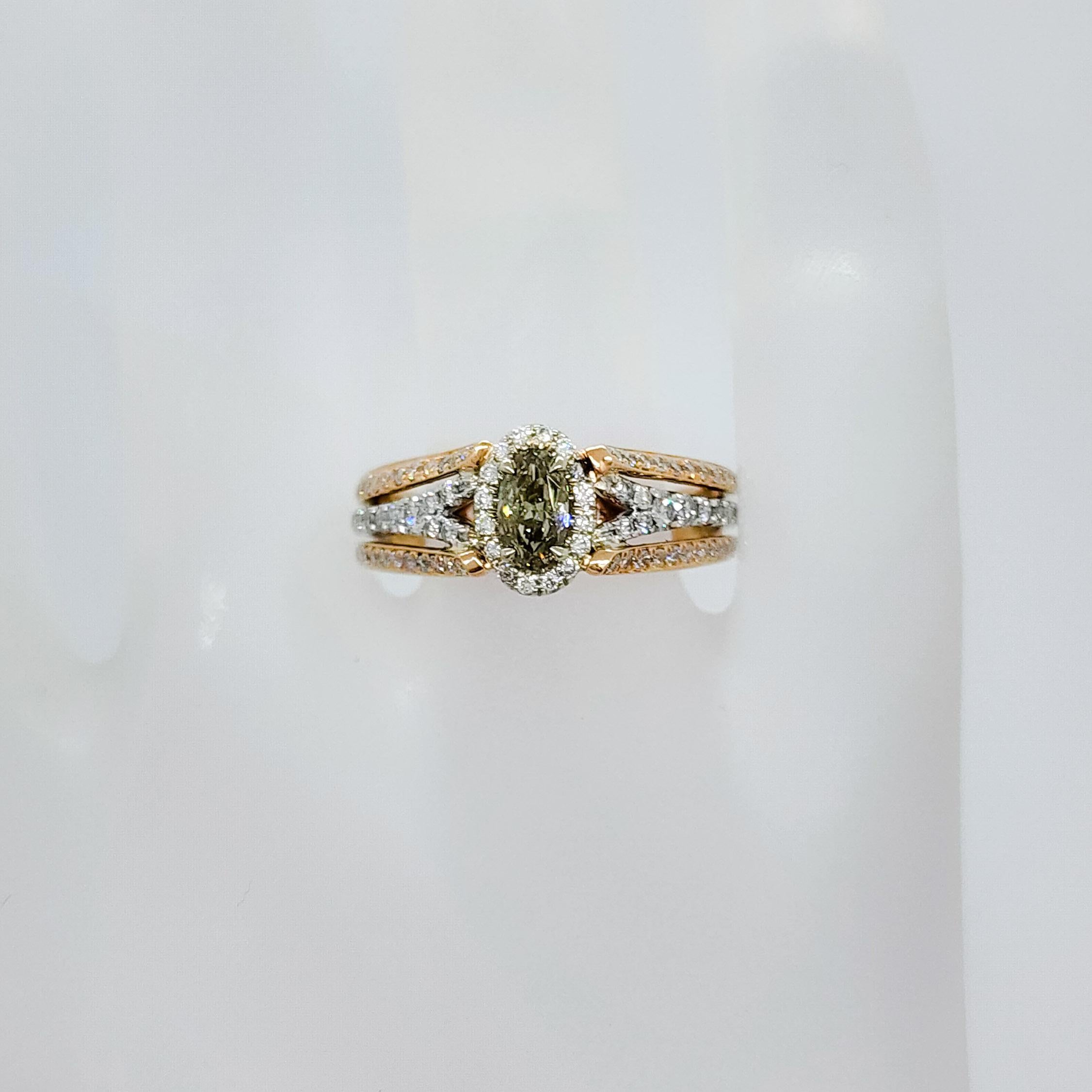 GIA Fancy Brownish Greenish Yellow Diamond Ring in 14K 2 Tone Gold For Sale 1