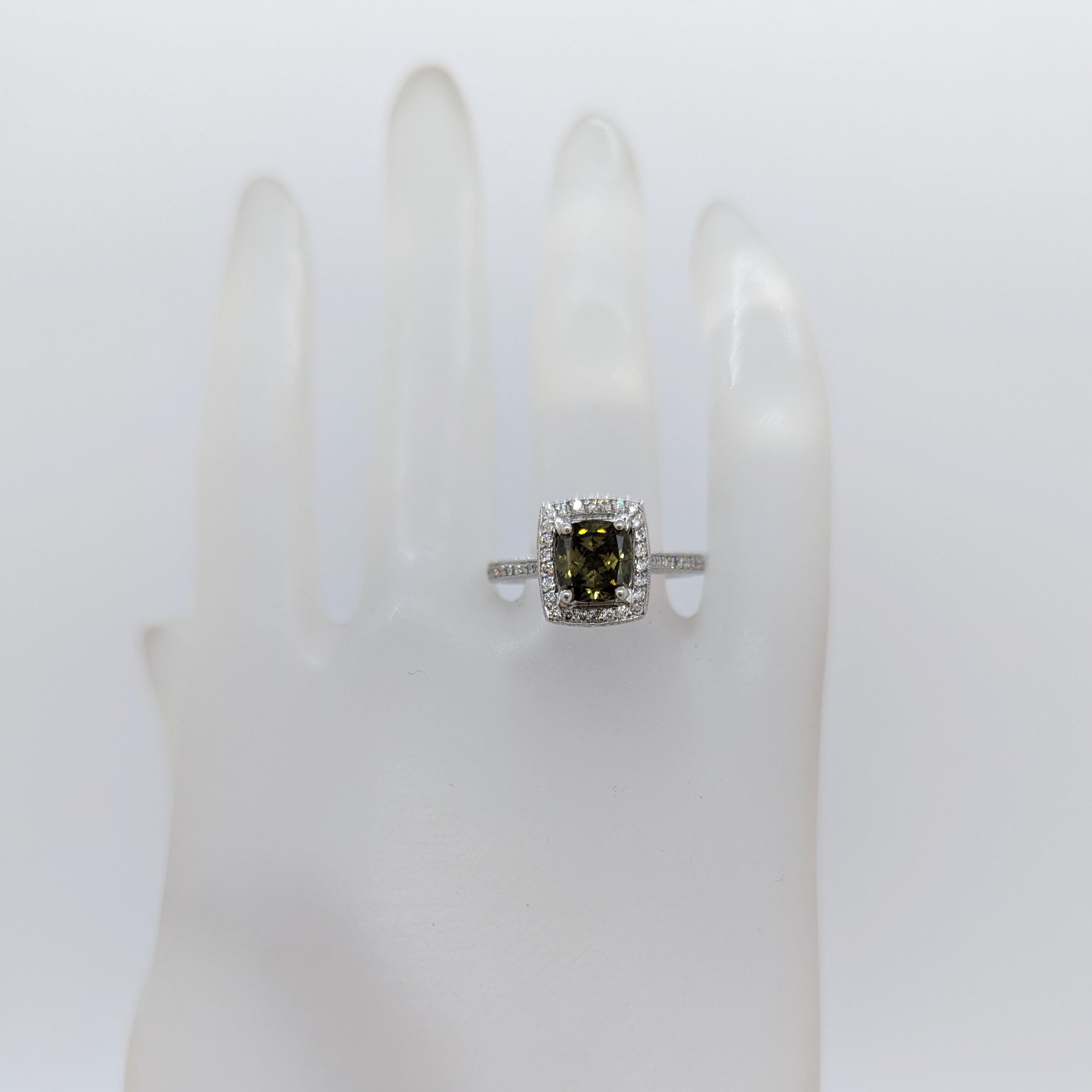 Cushion Cut GIA Fancy Dark Brown Greenish Yellow Chameleon Diamond Ring in 14k