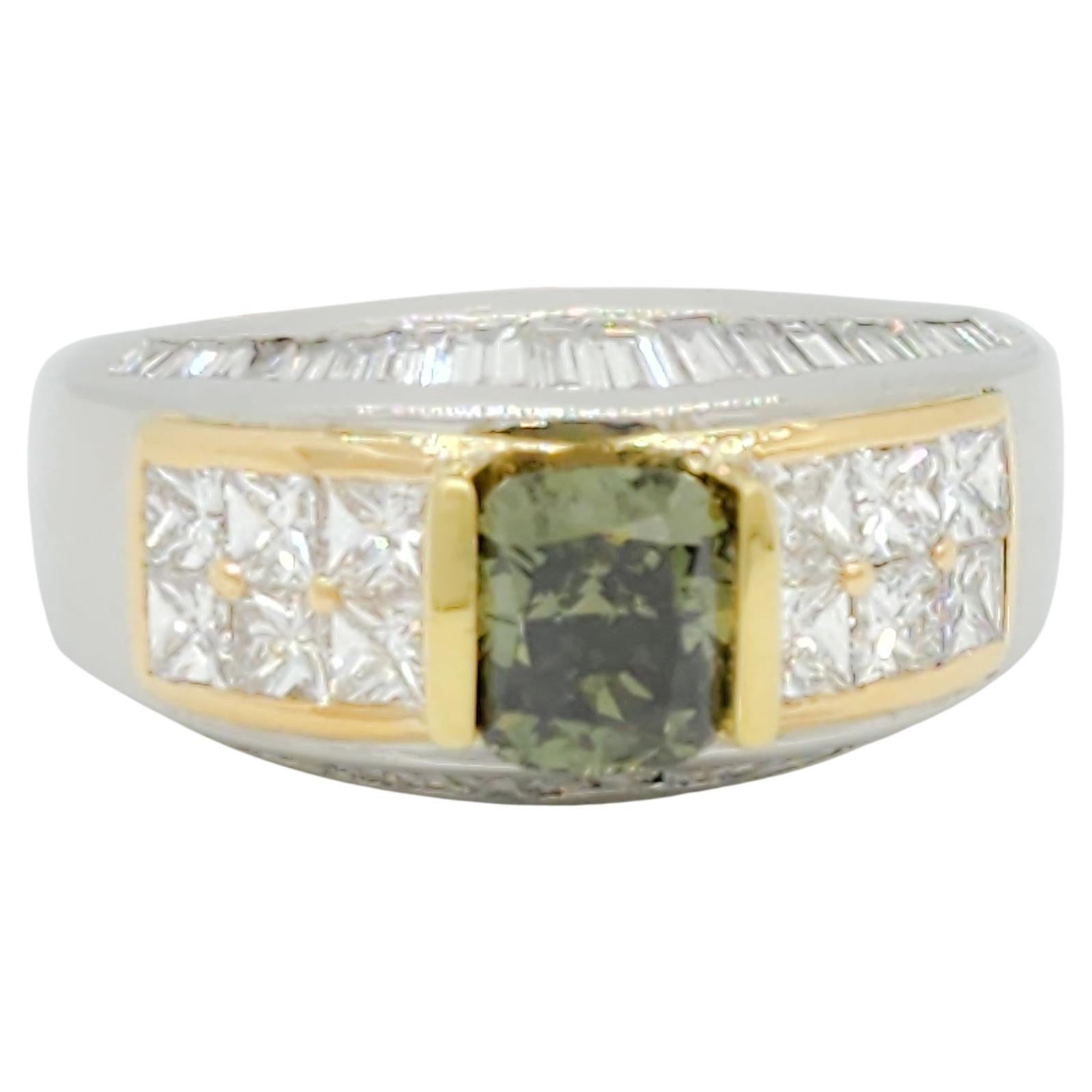 GIA Fancy Dark Gray Yellowish Green and White Diamond Cocktail Ring For Sale