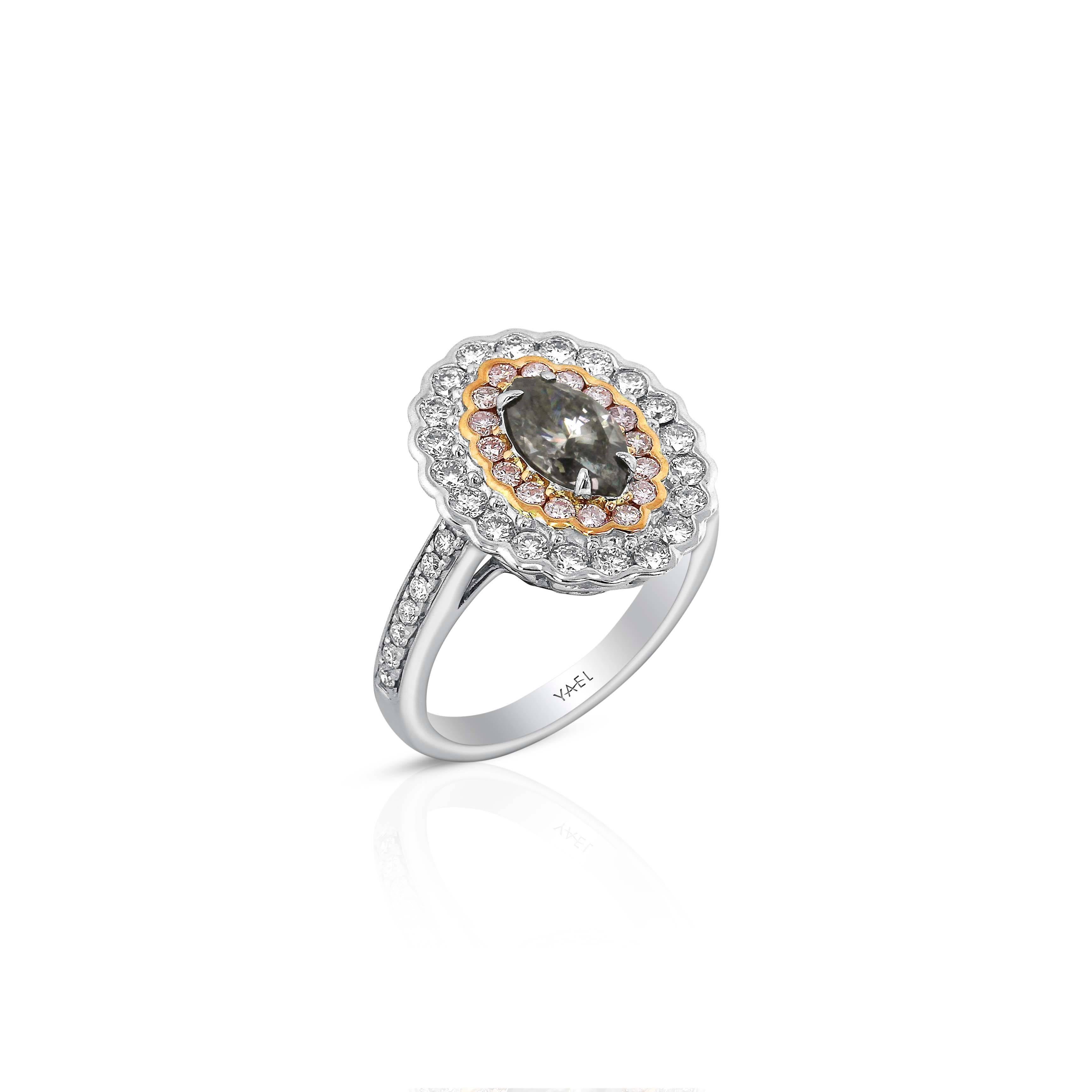 Marquise Cut GIA Fancy Dark Grey Diamond Pink Diamond White Diamond Gold Ring For Sale