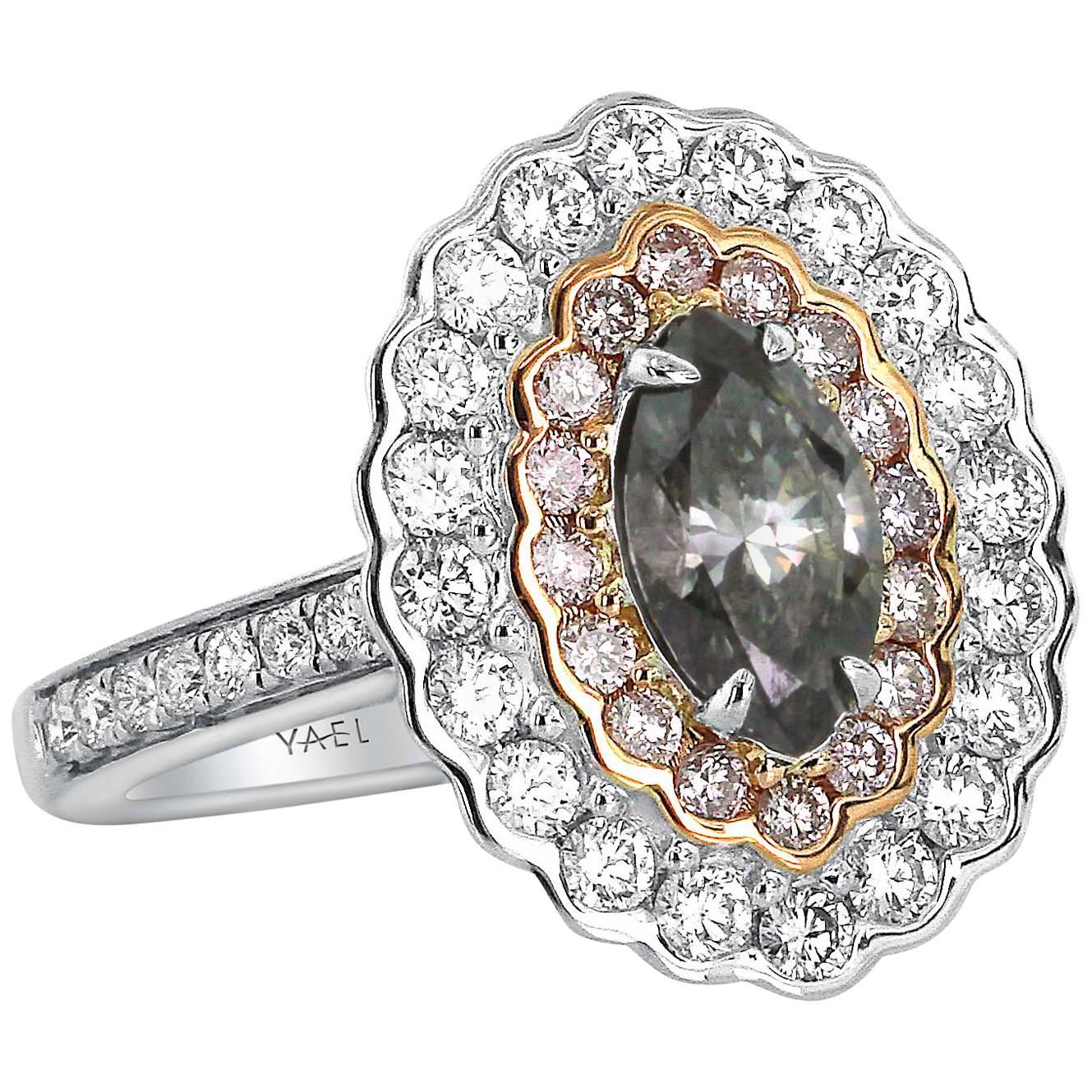 GIA Fancy Dark Grey Diamond Pink Diamond White Diamond Gold Ring For Sale