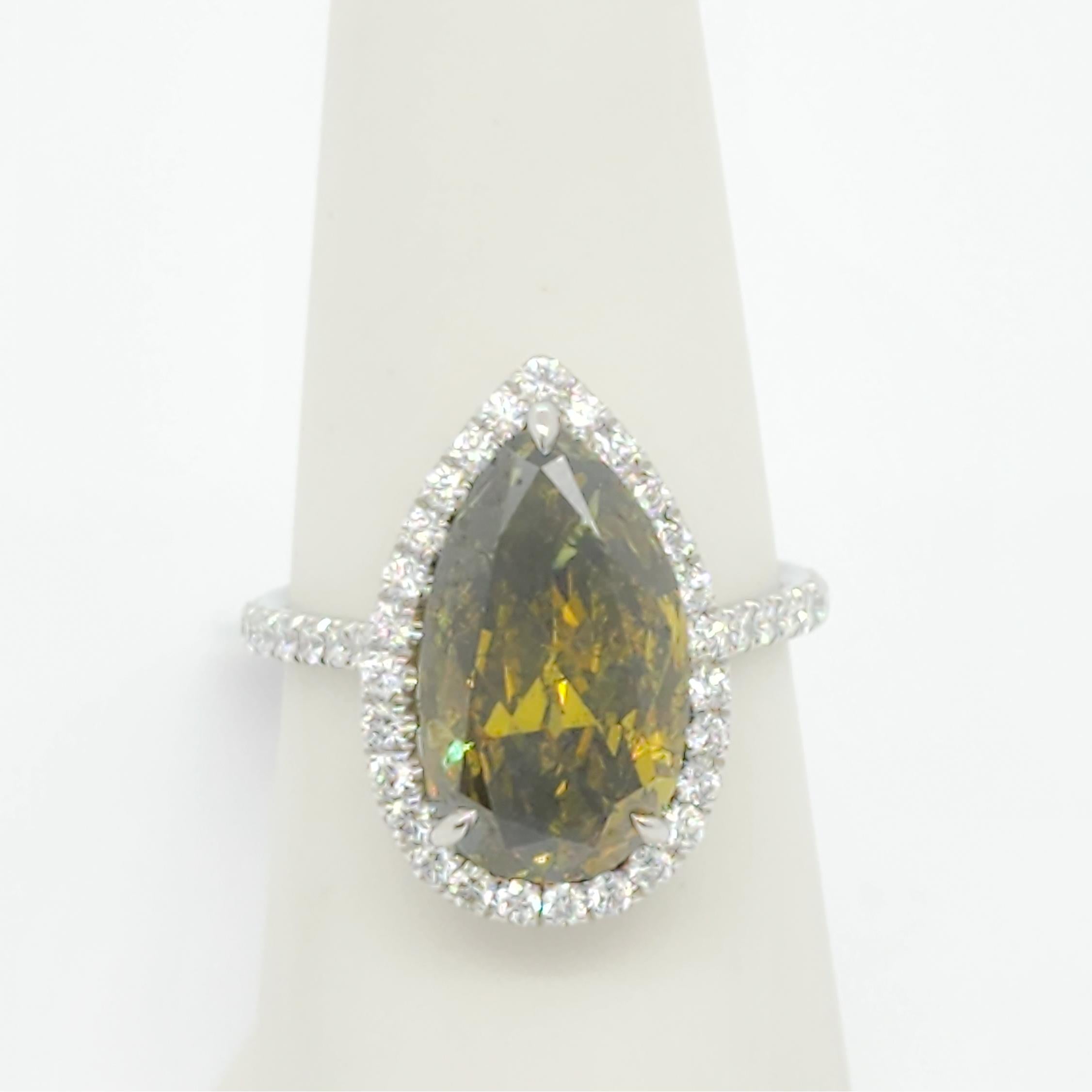 Women's or Men's GIA Fancy Deep Brownish Greenish Yellow Pear Shape and White Diamond Ring For Sale