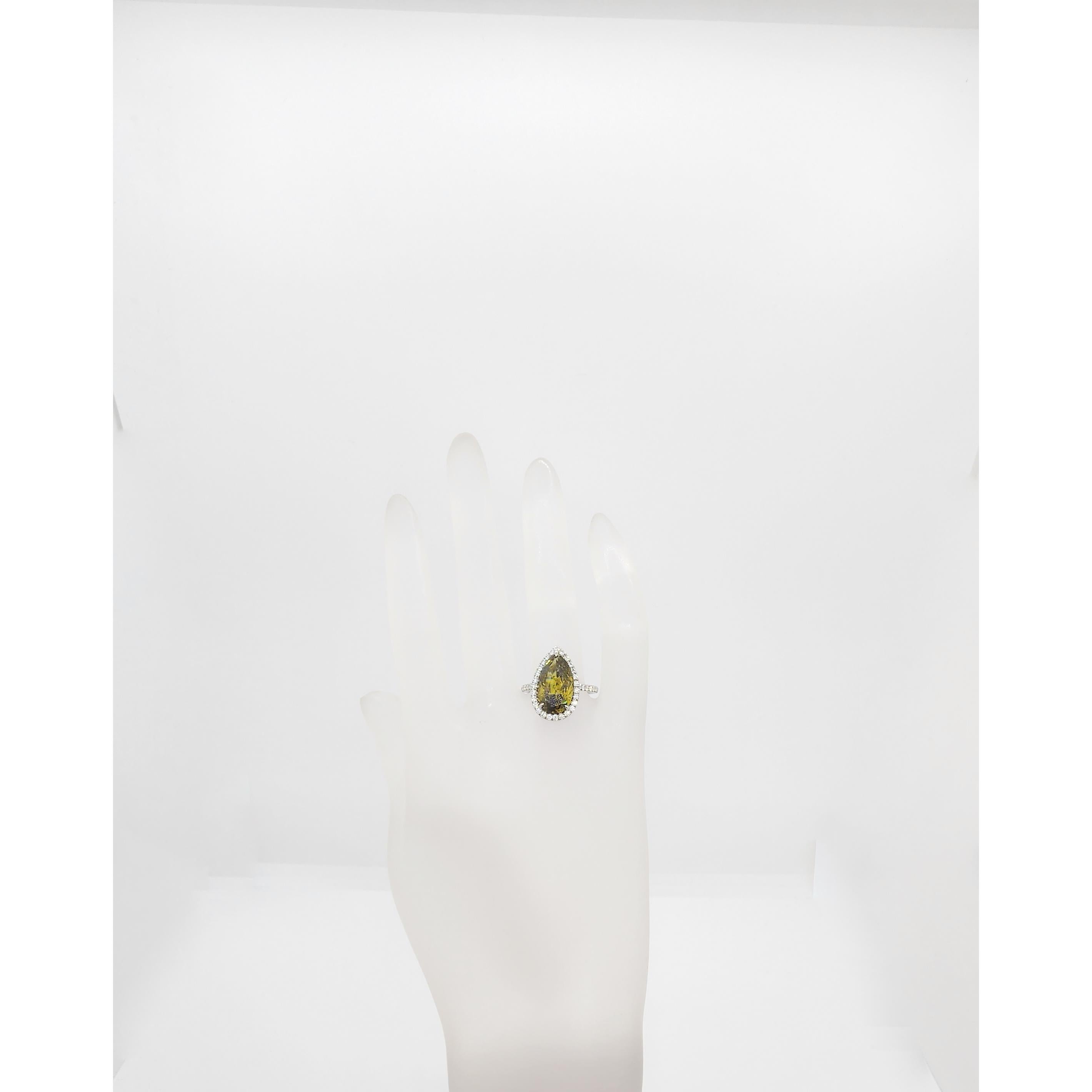 GIA Fancy Deep Brownish Greenish Yellow Pear Shape and White Diamond Ring For Sale 2