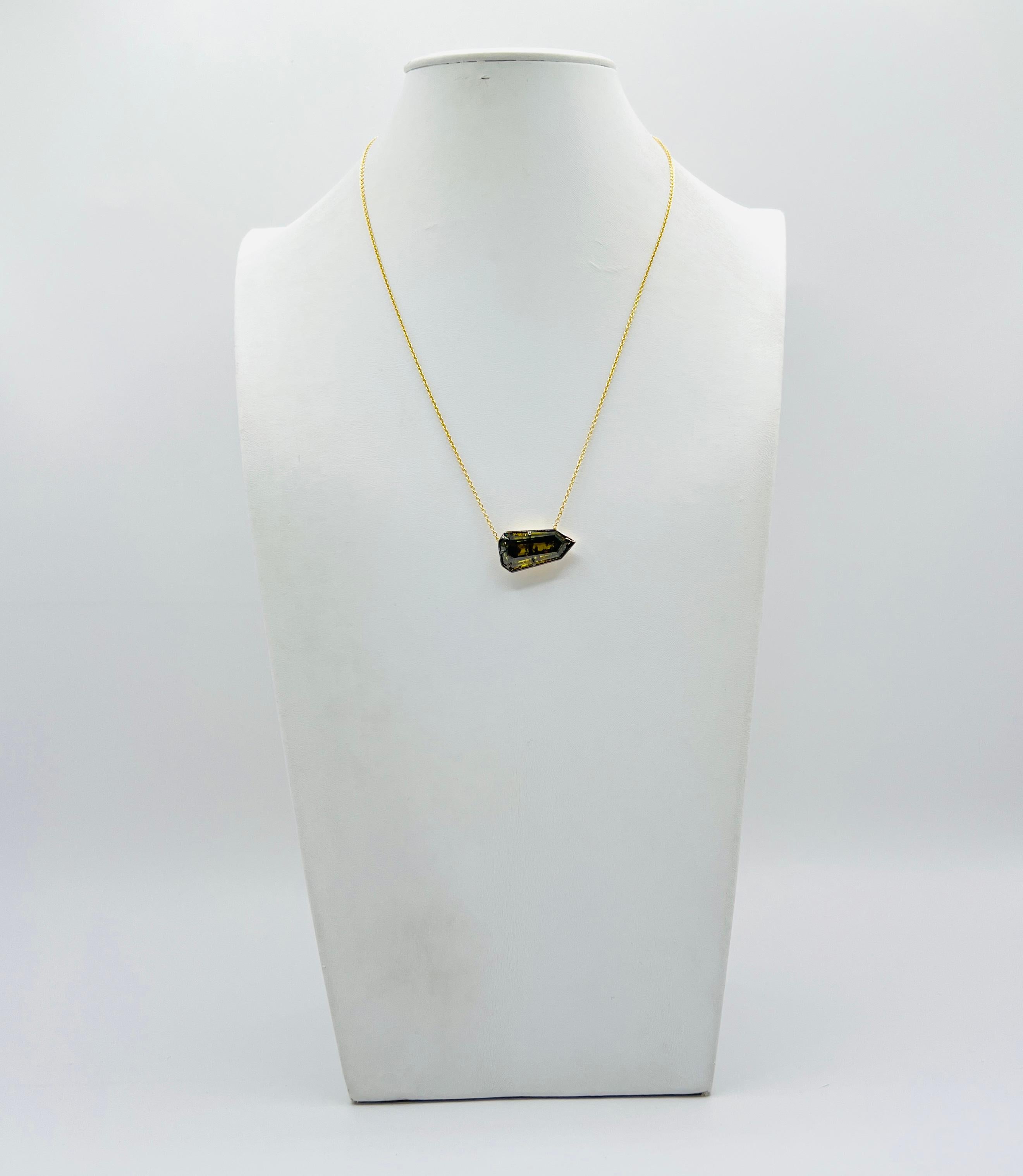 Women's or Men's GIA Fancy Deep Brownish Greenish Yellow Shield Cut Diamond Necklace in 18K Gold For Sale