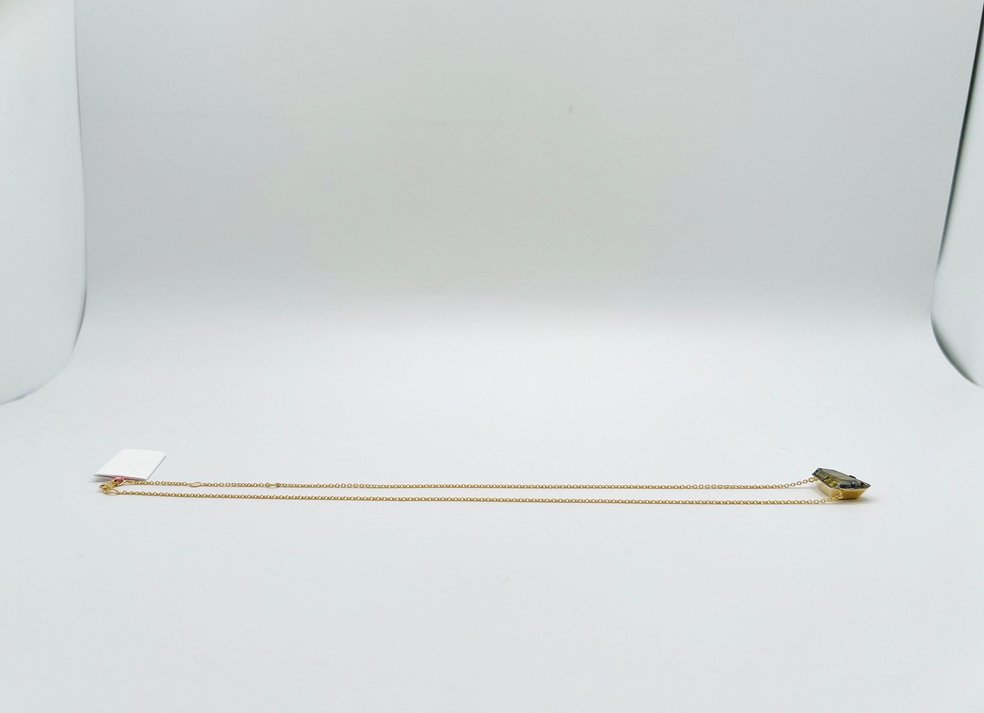 GIA Fancy Deep Brownish Greenish Yellow Shield Cut Diamond Necklace in 18K Gold For Sale 2