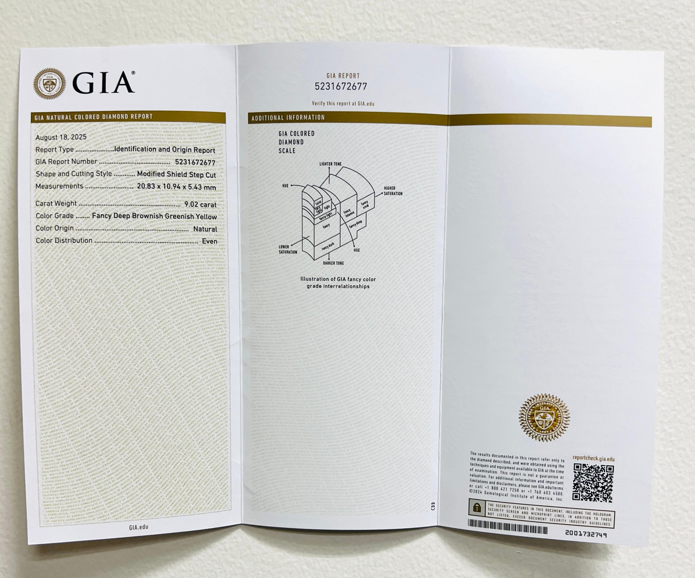 GIA Fancy Deep Brownish Greenish Yellow Shield Cut Diamond Necklace in 18K Gold For Sale 4