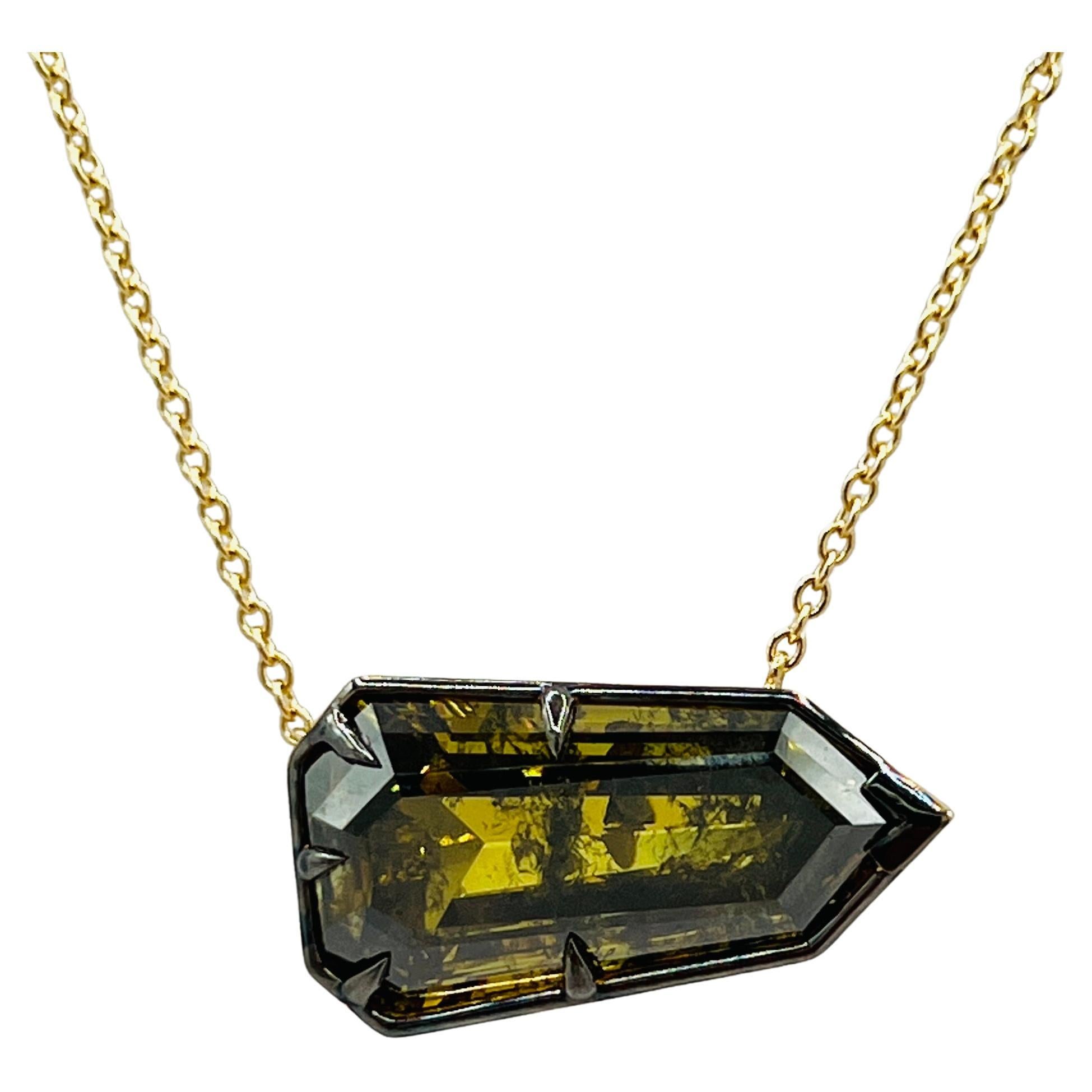 GIA Fancy Deep Brownish Greenish Yellow Shield Cut Diamond Necklace in 18K Gold For Sale