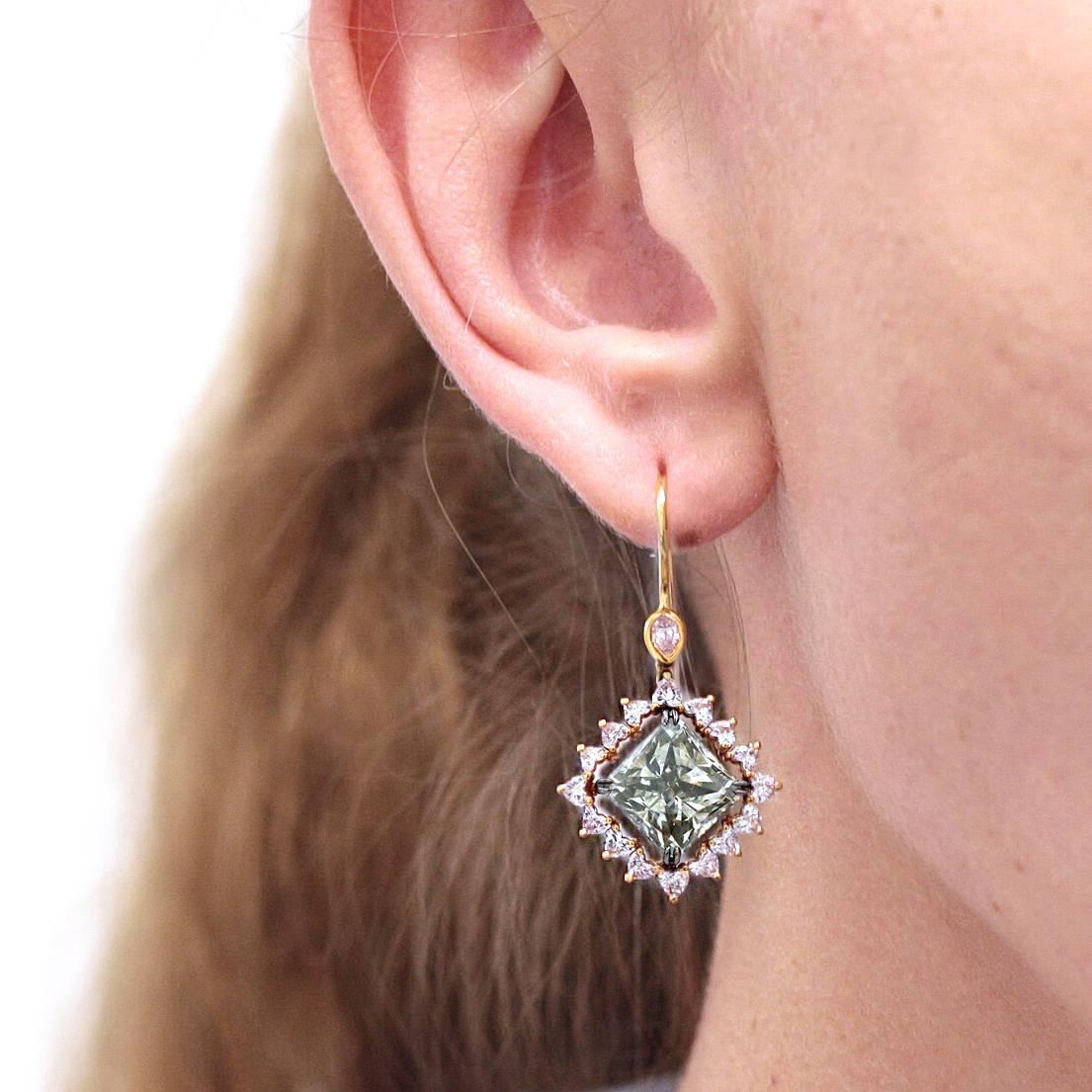  Pair of dangling eighteen karat rose gold earrings. Each earring has a square round cornered diamond with a certificate from the Gemological Institute of America. The 4.58 carats square is Fancy Dark Gray-Yellowish Green and the 4.42 carats square