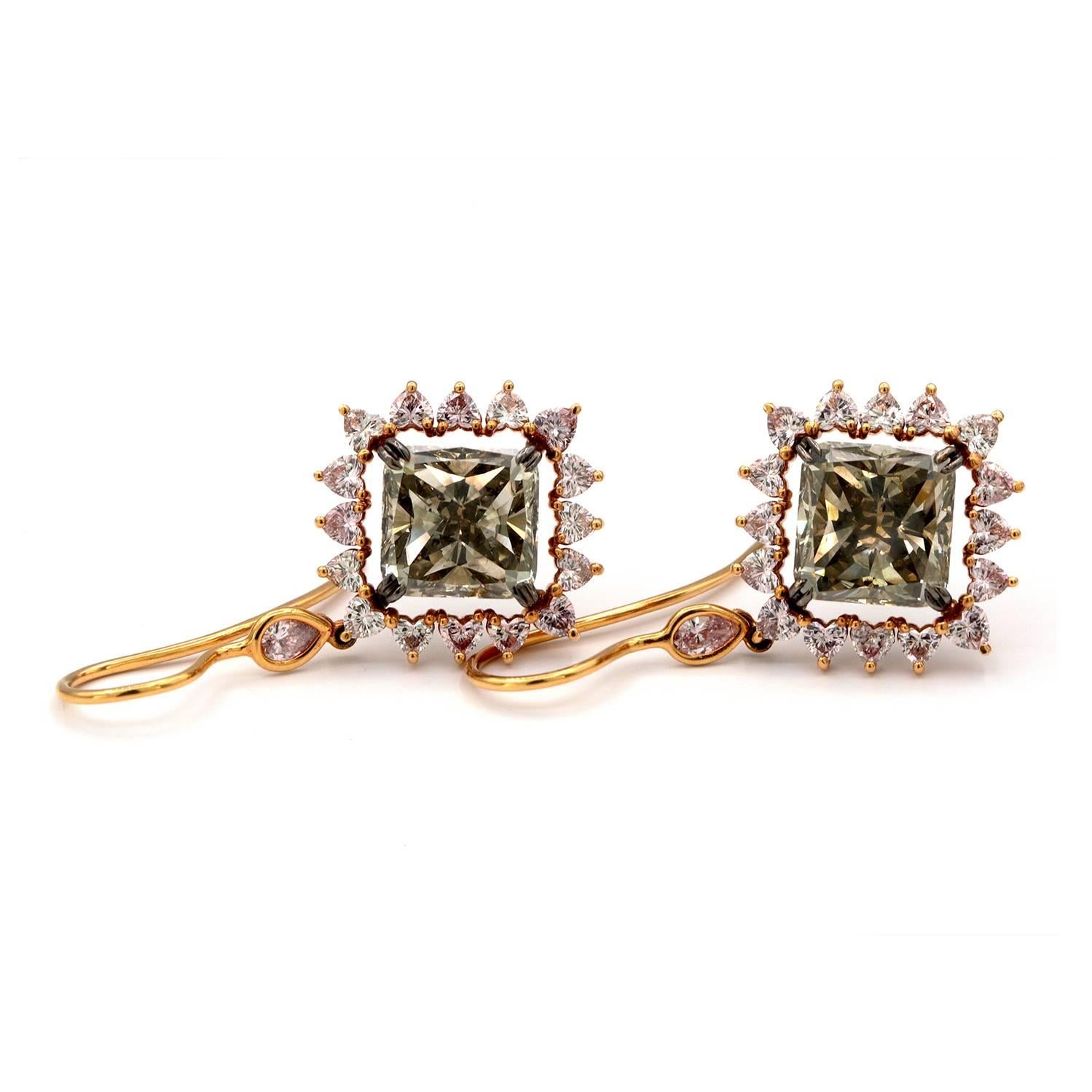 Modern GIA Fancy Green Square Diamond Earrings 11.20 Carat Total 18 Karat Rose Gold For Sale