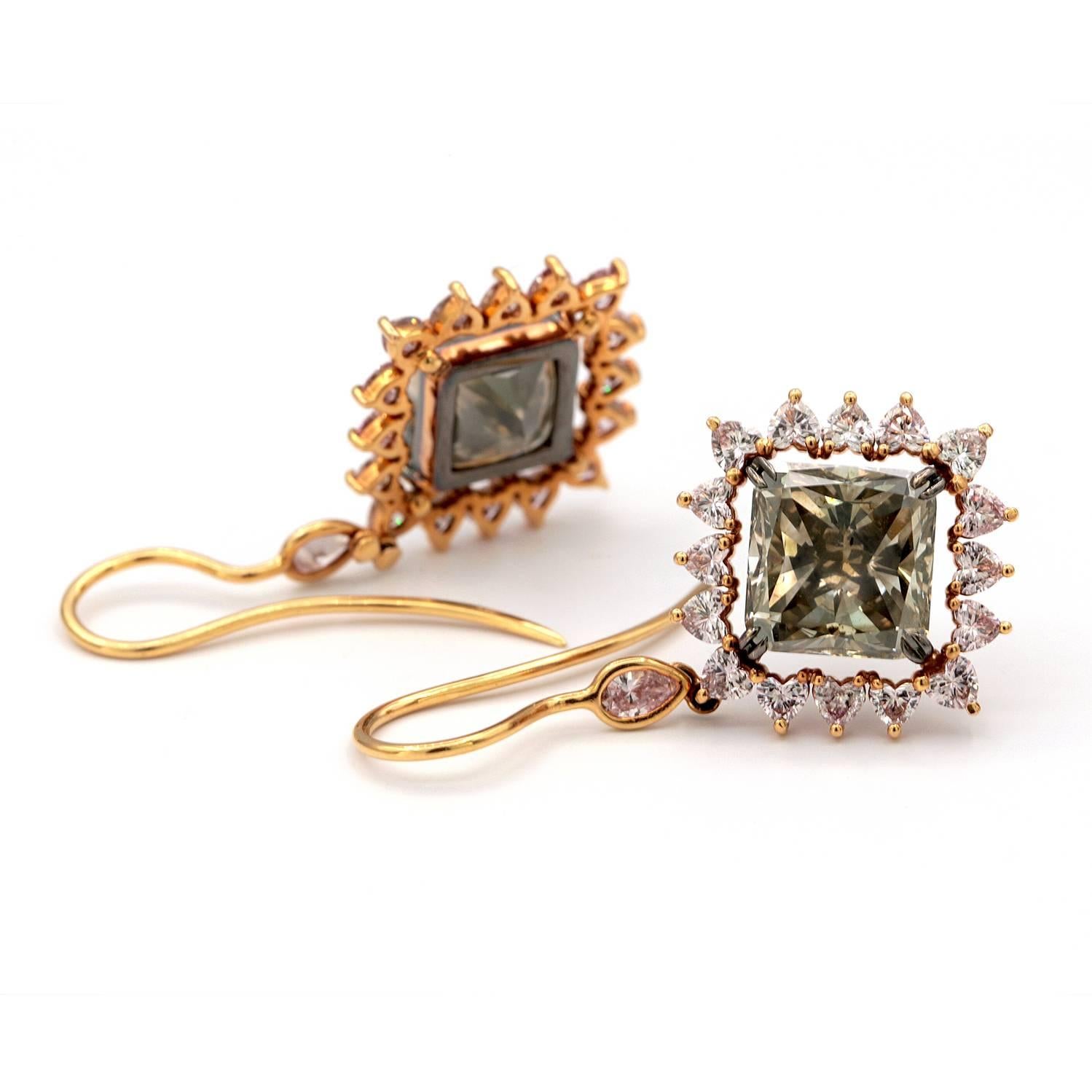 GIA Fancy Green Square Diamond Earrings 11.20 Carat Total 18 Karat Rose Gold In Excellent Condition For Sale In New York, NY