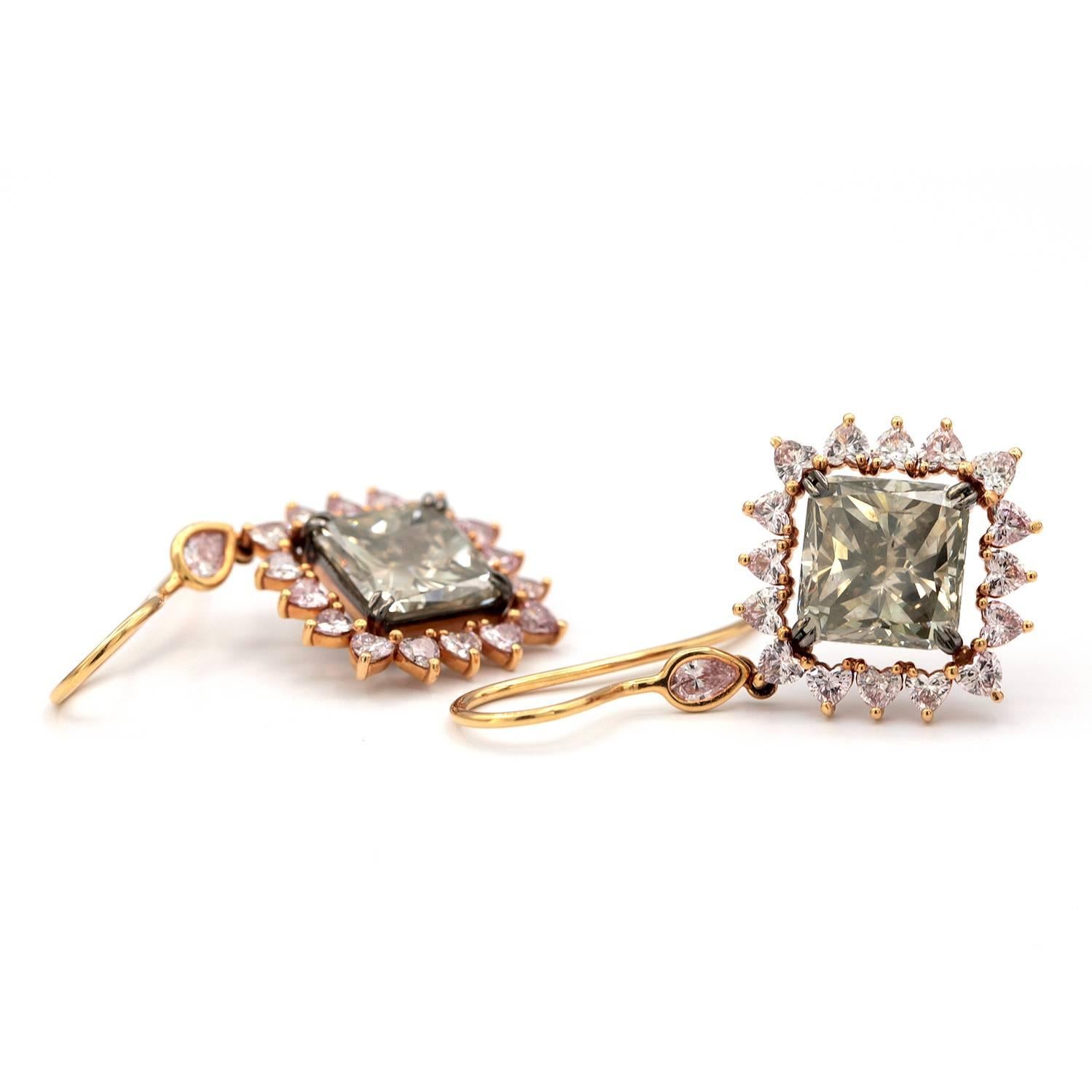 Women's GIA Fancy Green Square Diamond Earrings 11.20 Carat Total 18 Karat Rose Gold For Sale