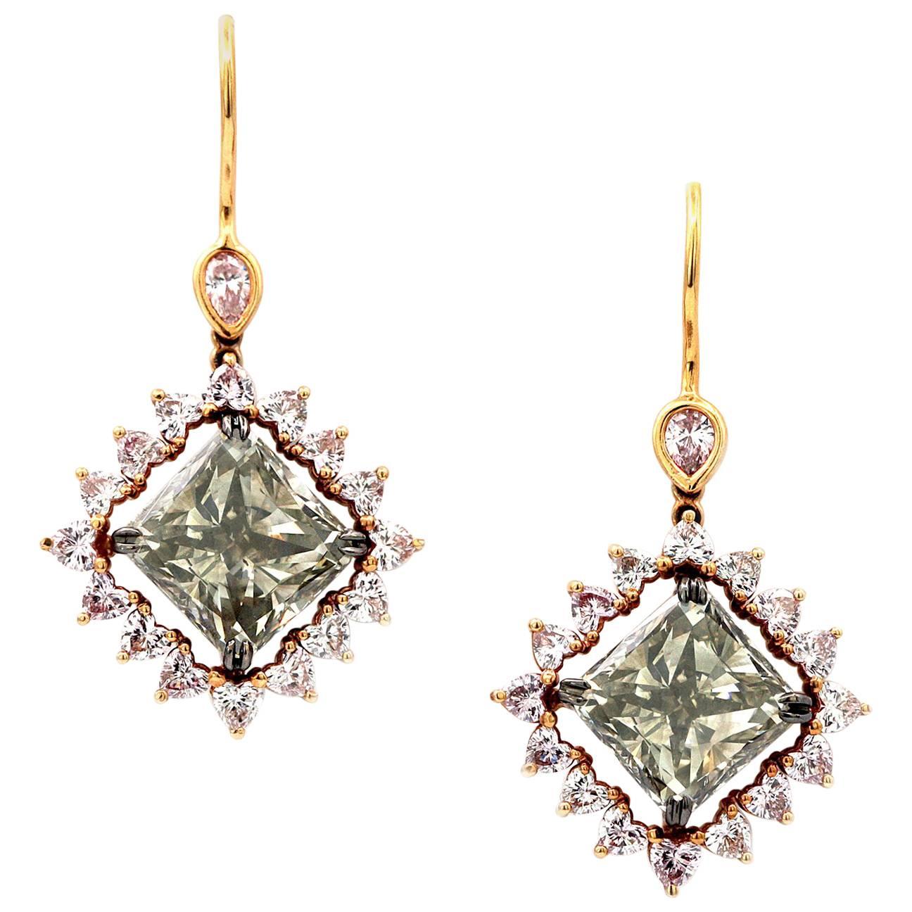 GIA Fancy Green Square Diamond Earrings 11.20 Carat Total 18 Karat Rose Gold For Sale