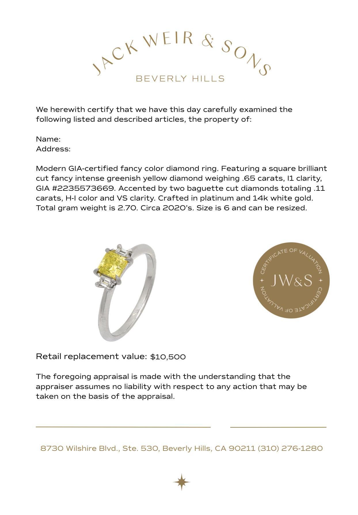 GIA fancy intense greenish yellow diamond platinum and gold ring For Sale 1