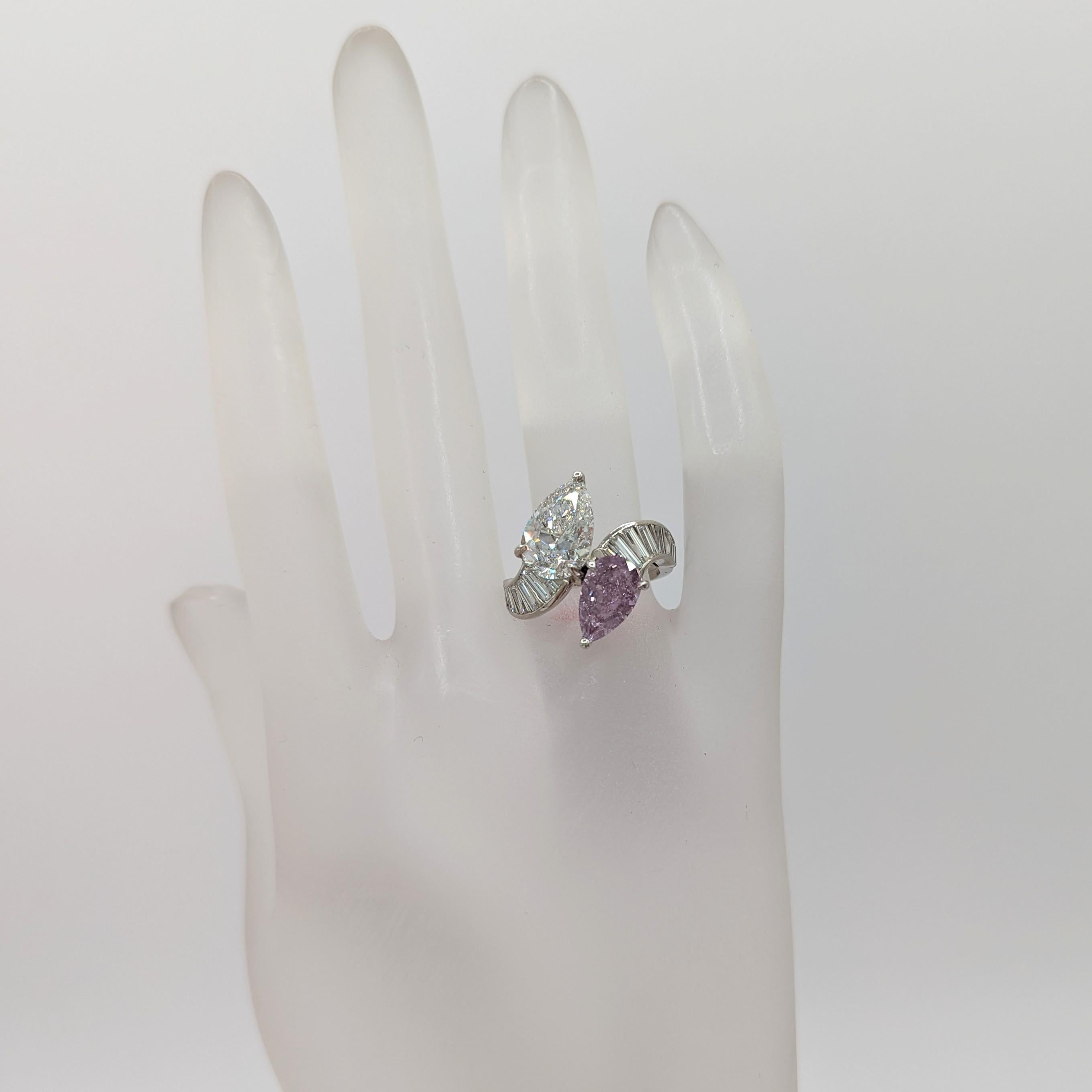 Pear Cut GIA Fancy Intense Pinkish Purple Pear and White Diamond Bypass Ring in Platinum For Sale