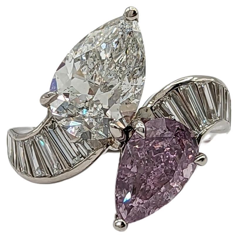 GIA Fancy Intense Pinkish Purple Pear and White Diamond Bypass Ring in Platinum For Sale