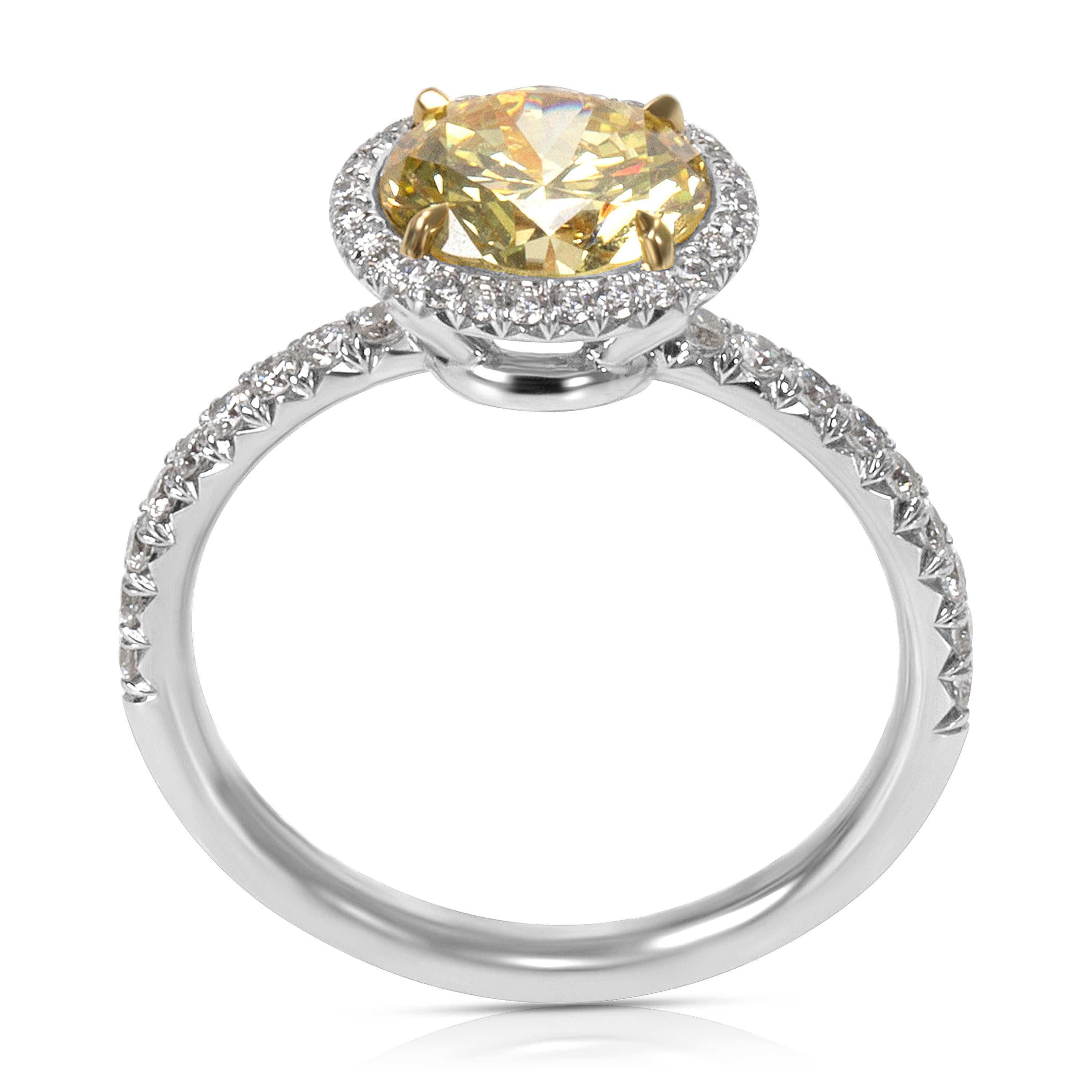 Round Cut GIA Fancy Intense Yellow Diamond Engagement Ring in 18k Gold & Plat 1.87 CTW
