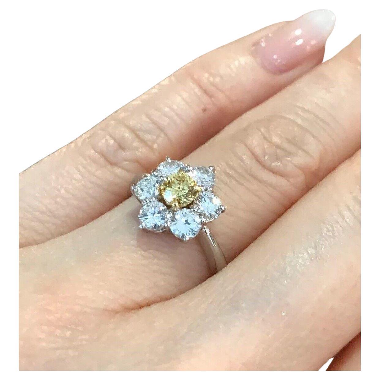 GIA Certified Fancy Intense Yellow Diamond Floret Ring in Platinum & 18k Gold

Diamond Floret Ring features a GIA Certified Natural Fancy Intense Yellow Diamond in the center, weighing 0.42 carats, surrounded by 1.22 carats of Round Brilliant