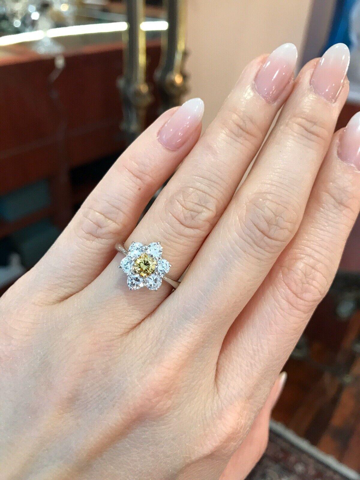 GIA Fancy Intense Yellow Diamond Floret Ring in Platinum and 18k Gold In Excellent Condition For Sale In La Jolla, CA