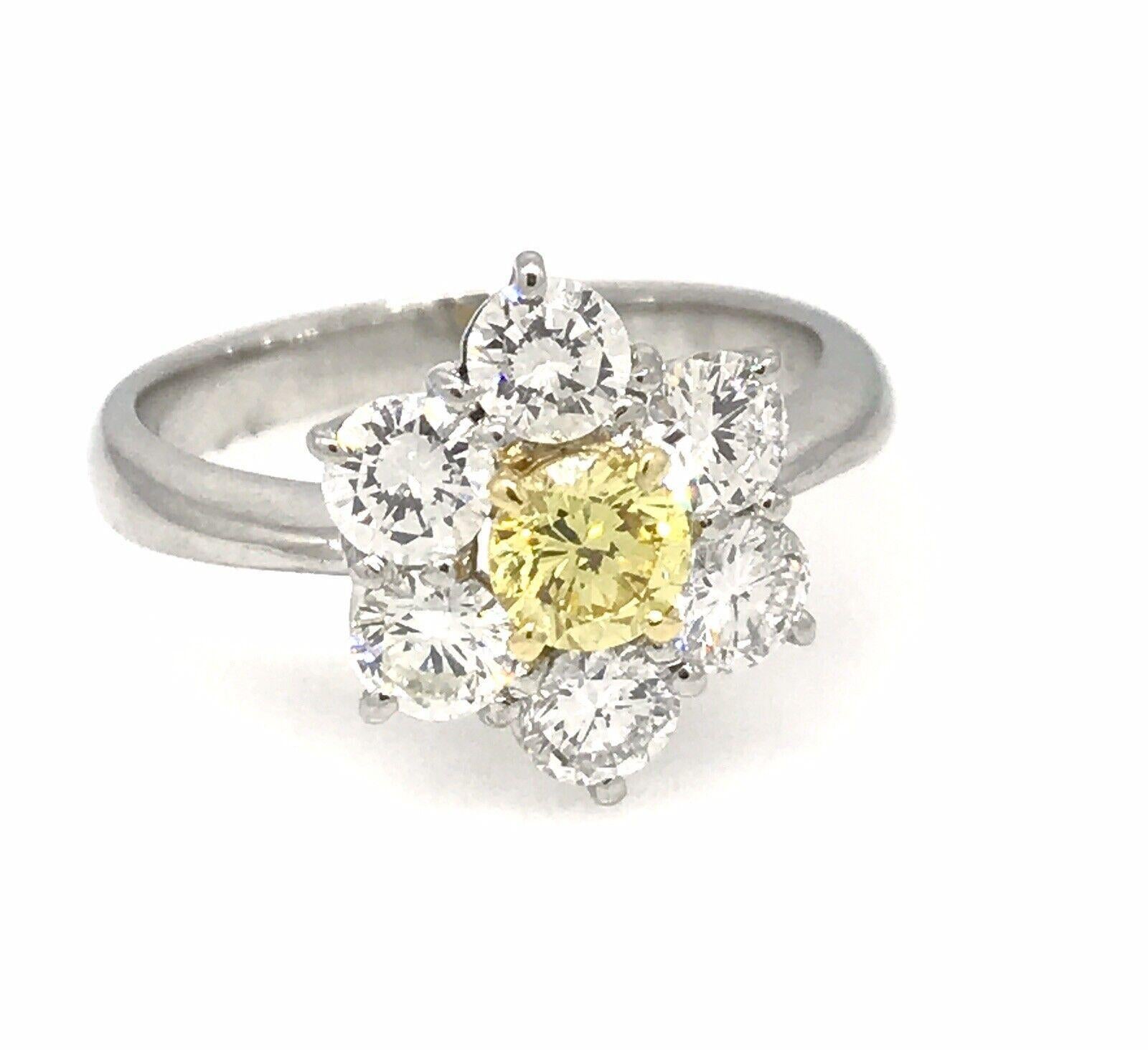 GIA Fancy Intense Yellow Diamond Floret Ring in Platinum and 18k Gold For Sale 3