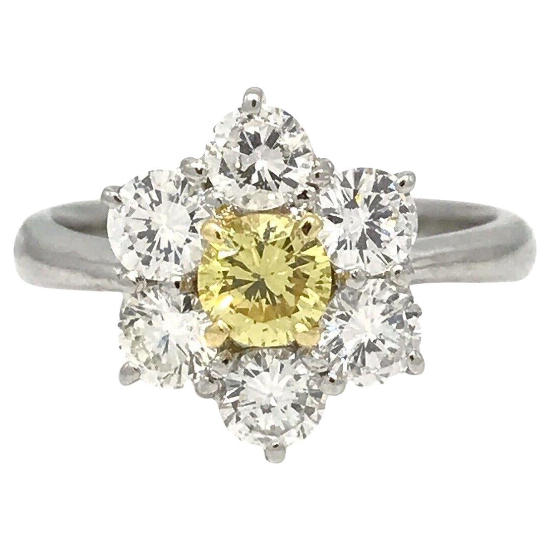 GIA Fancy Intense Yellow Diamond Floret Ring in Platinum and 18k Gold For Sale
