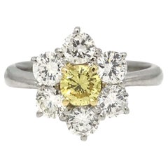 Bague Floret en platine et or 18k avec diamant jaune intense de fantaisie GIA